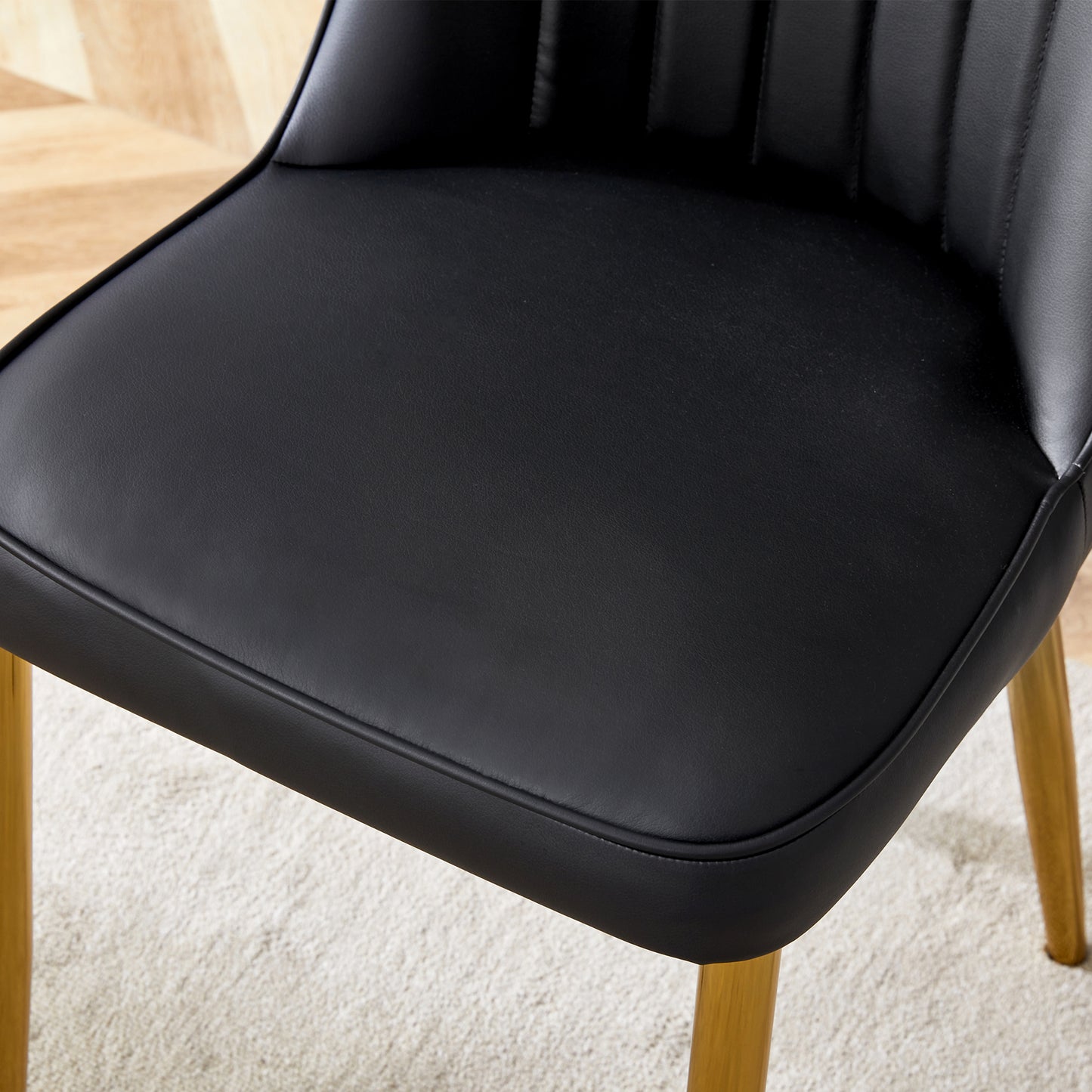 Table and chair set.36 Inch Diameter Modern Luxury Glass Dining Table and Chair Set - Gold Frame, Metal Legs.Two Black PU Chairs with Simple Line Designs On The Backrest.