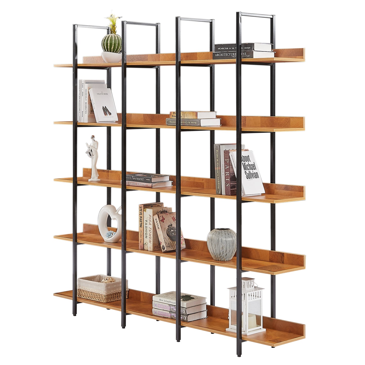 Estantería de 5 niveles para oficina en casa, estilo industrial vintage, tablero de MDF, estructura de metal negro, color marrón.