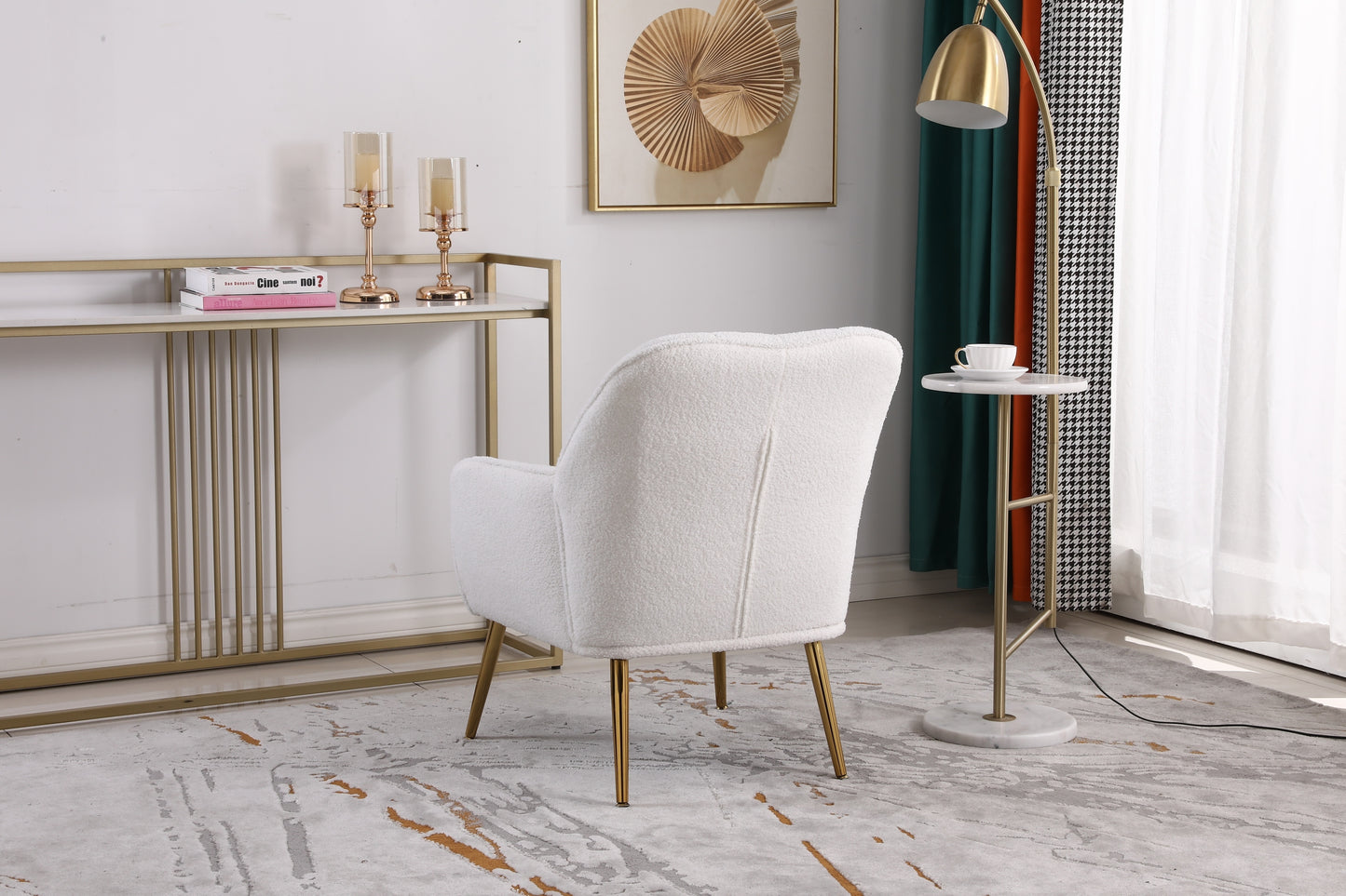 Sillón moderno y ergonómico de tela suave color blanco marfil para sala de estar, dormitorio, hogar, con patas doradas y patas ajustables para interiores.