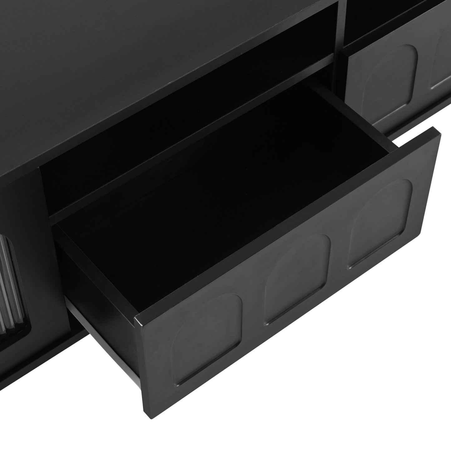 ON-TREND Cream Style TV Stand with LED Light Strip for TVs Up to 80'', Graceful Entertainment Center with 5 Solid Wood Legs, Large Storage Media Console with Fluted Tempered Glass Doors, Black