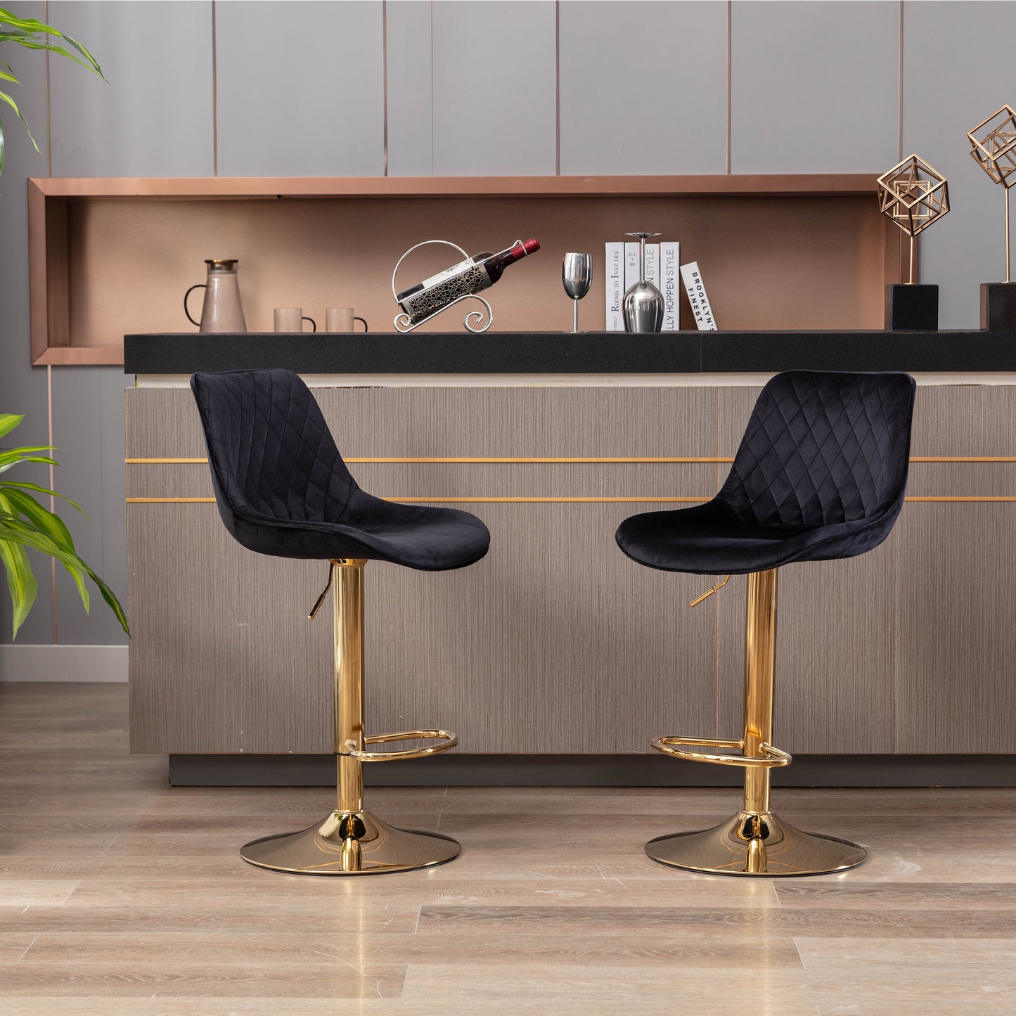 Set of 2 Bar Stools,with Chrome Footrest and Base Swivel Height Adjustable Mechanical Lifting Velvet + Golden Leg Simple Bar Stool-black