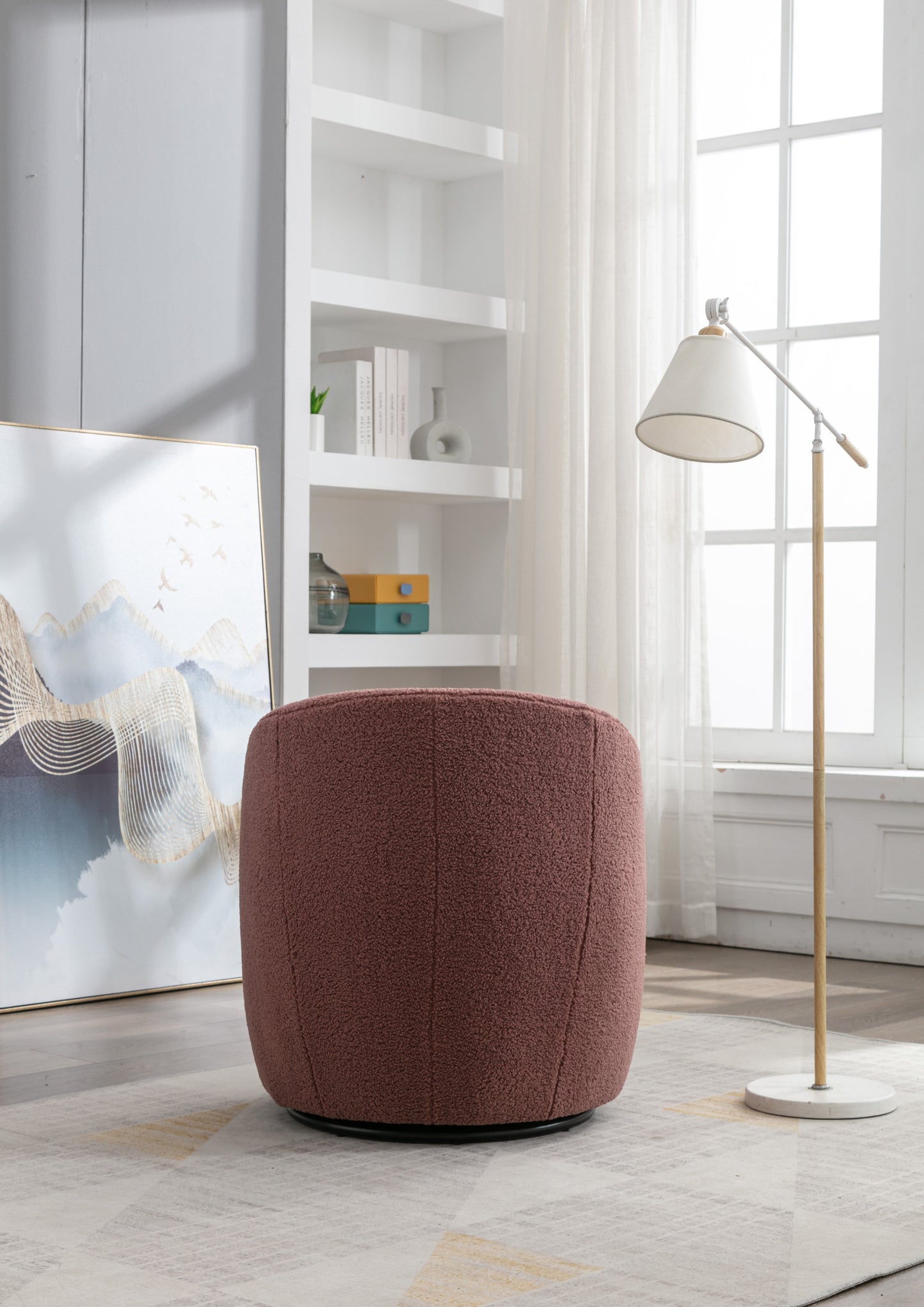 Teddy Fabric Swivel Accent Armchair Barrel Chair With Black Powder Coating Metal Ring,Dark Red