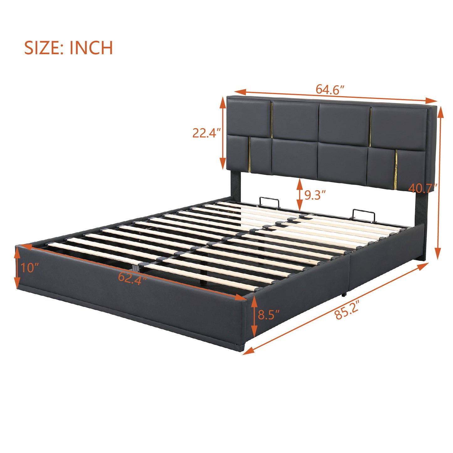 Juego de dormitorio de 2 piezas, cama Queen con plataforma tapizada y sistema de almacenamiento hidráulico, otomana con patas de metal, color negro
