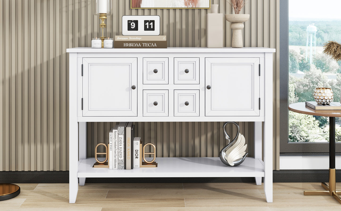 TREXM Cambridge Series Ample Storage Vintage Console Table with Four Small Drawers and Bottom Shelf for Living Rooms, Entrances and Kitchens (White, OLD SKU: WF190263AAA)