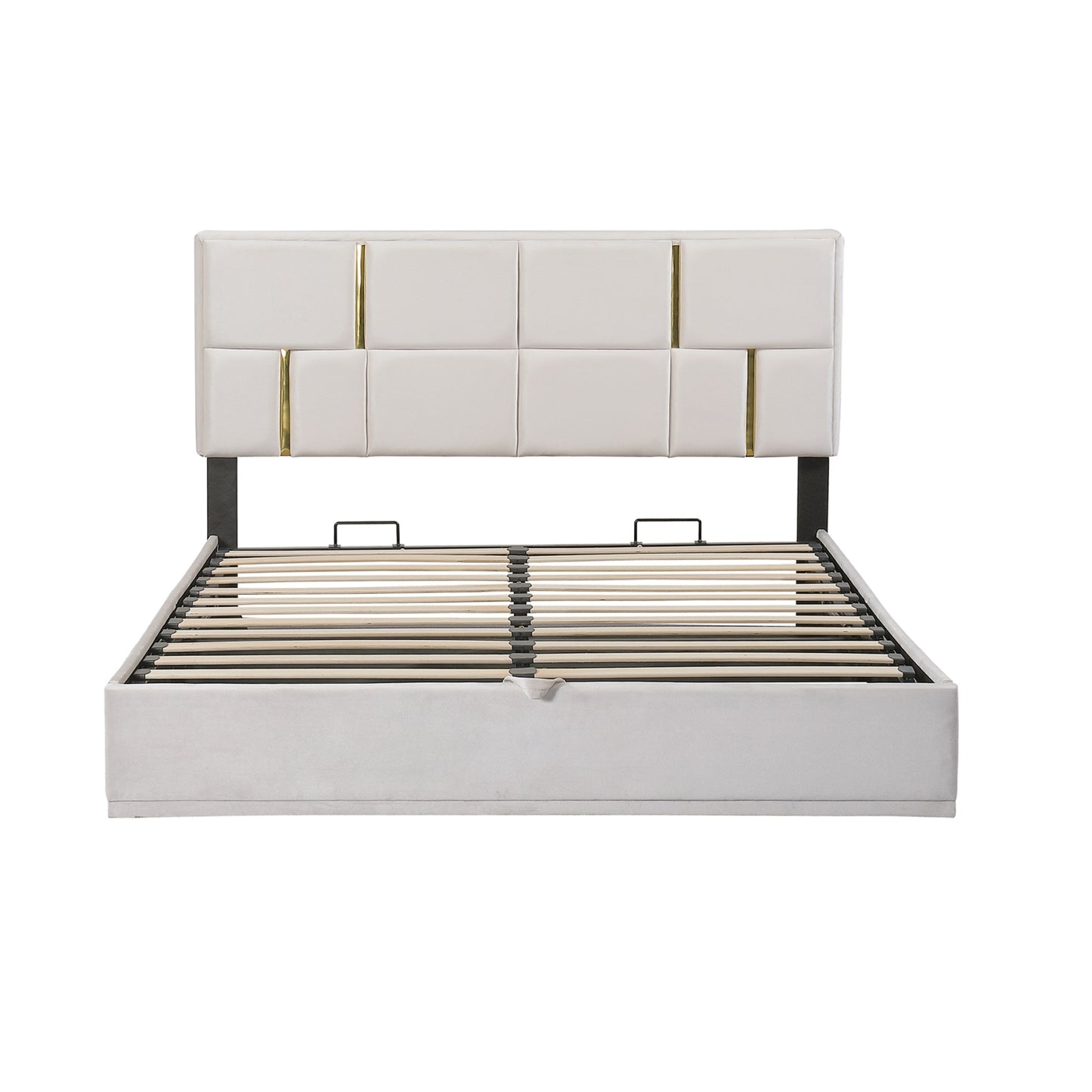 Juego de dormitorio de 2 piezas, cama Queen con plataforma tapizada y sistema de almacenamiento hidráulico, otomana con patas de metal, color beige.