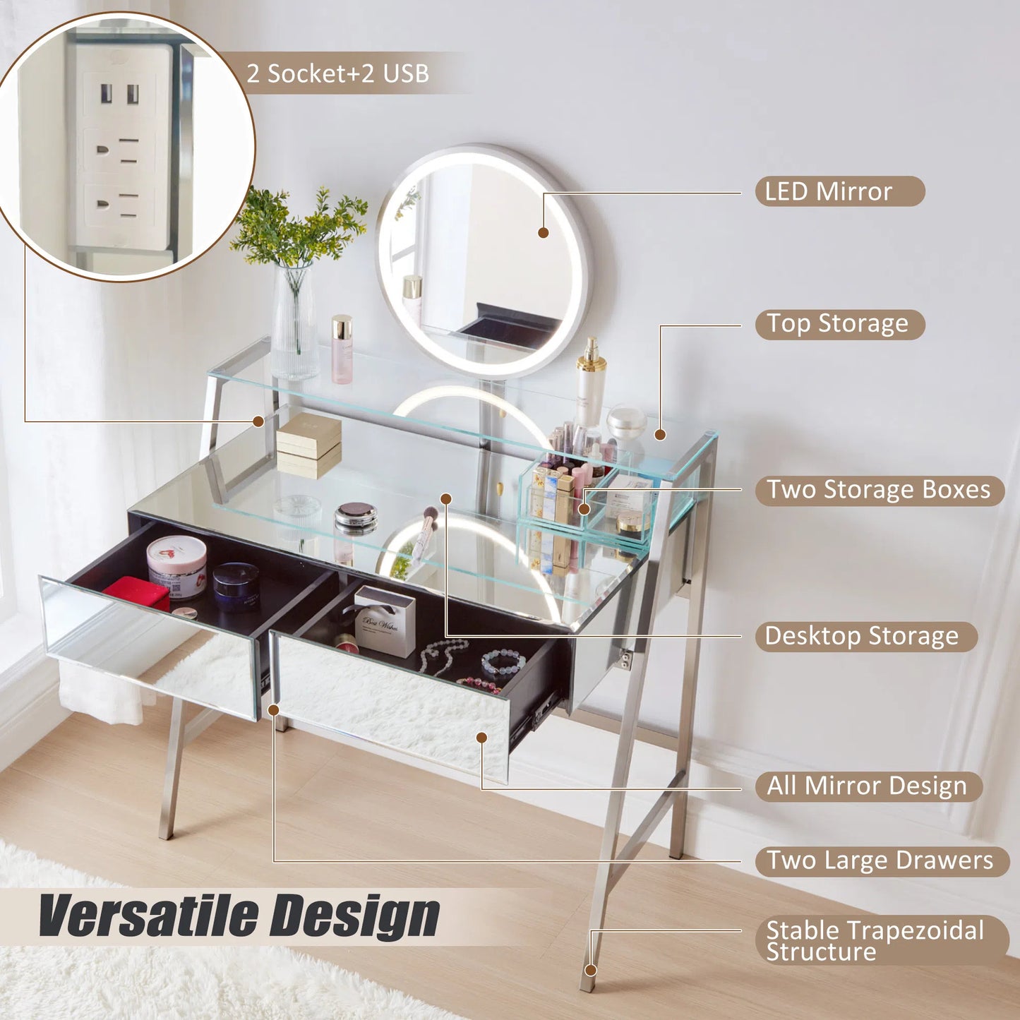 Tocador con espejo de 85 cm, espejo e iluminación, consola con espejo, 2 cajones grandes y estante abierto, tocador con estación de carga para dormitorio, color plateado