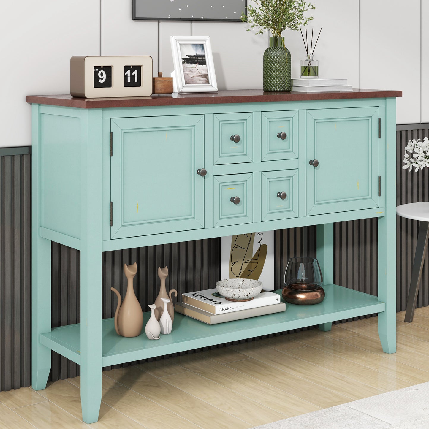 TREXM Cambridge Series Ample Storage Vintage Console Table with Four Small Drawers and Bottom Shelf for Living Rooms, Entrances and Kitchens (Retro Blue, OLD SKU: WF190263AAC)