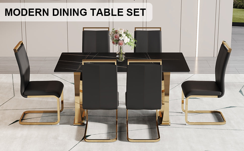 Table and chair set,Modern rectangular table with 0.4 inch black patterned tabletop and gold legs, suitable for kitchen, dining room, and living room , Comfortable PU seats,perfect for dinner, meet
