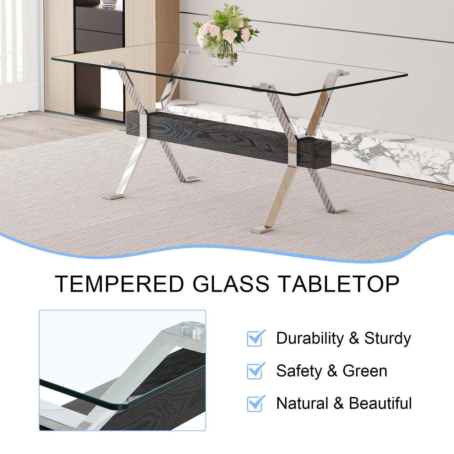 Table and chair set.Elegant Transparent Tempered Glass Dining Set - 71"x35.4" with 6 Black PU Chairs with a vertical stripe design on the backrest.