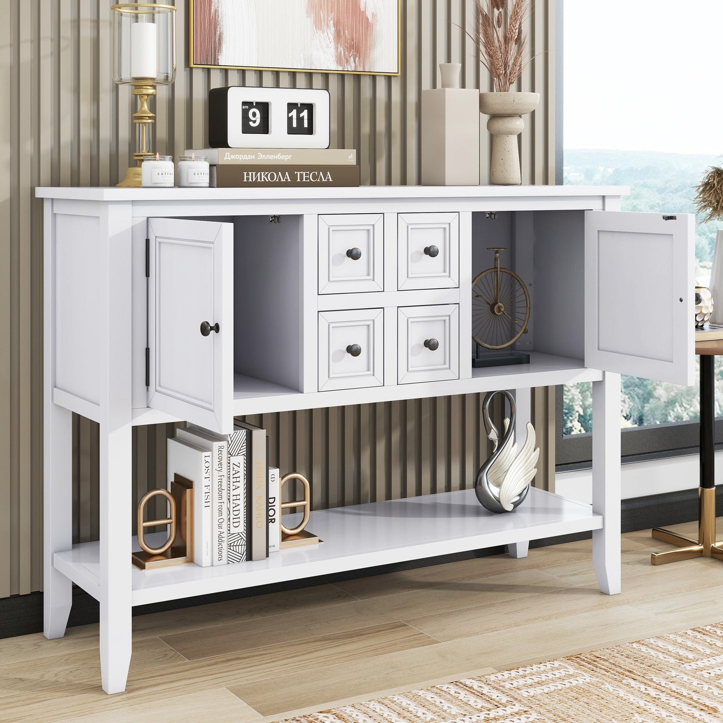 TREXM Cambridge Series Ample Storage Vintage Console Table with Four Small Drawers and Bottom Shelf for Living Rooms, Entrances and Kitchens (White, OLD SKU: WF190263AAA)