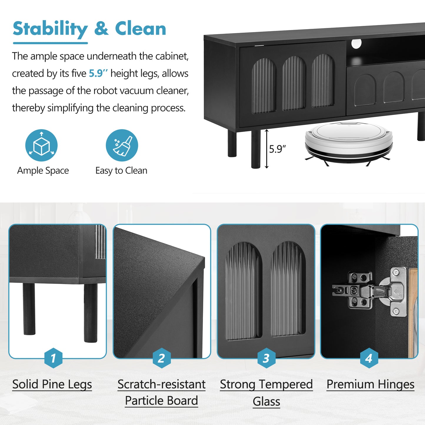 ON-TREND Cream Style TV Stand with LED Light Strip for TVs Up to 80'', Graceful Entertainment Center with 5 Solid Wood Legs, Large Storage Media Console with Fluted Tempered Glass Doors, Black
