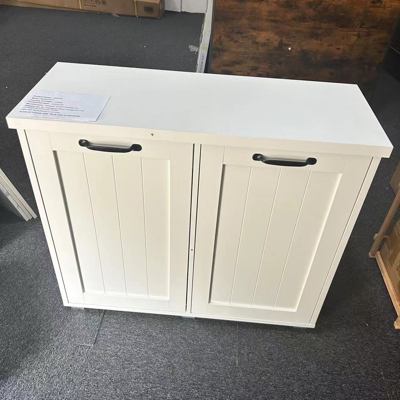Gabinete de basura abatible de dos compartimentos, gabinete de basura de cocina a prueba de mascotas con tabla de cortar, gabinete clasificador de ropa independiente, cesto para ropa sucia, blanco