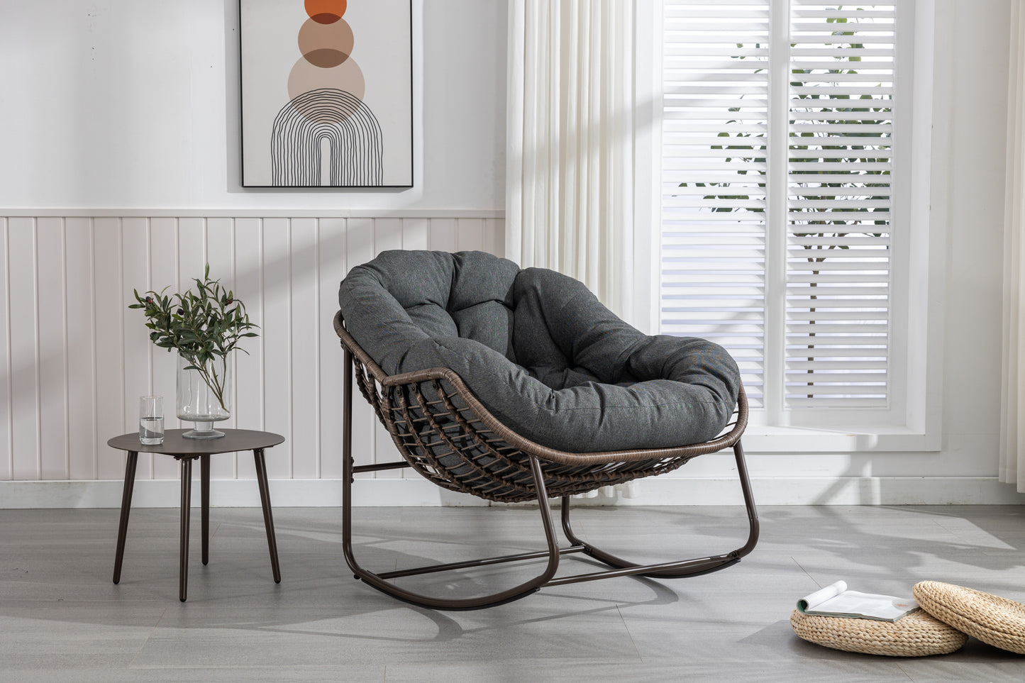 Mecedora de ratán para exterior, con cojín acolchado, reclinable, para porche, sala de estar, patio y jardín, color gris.