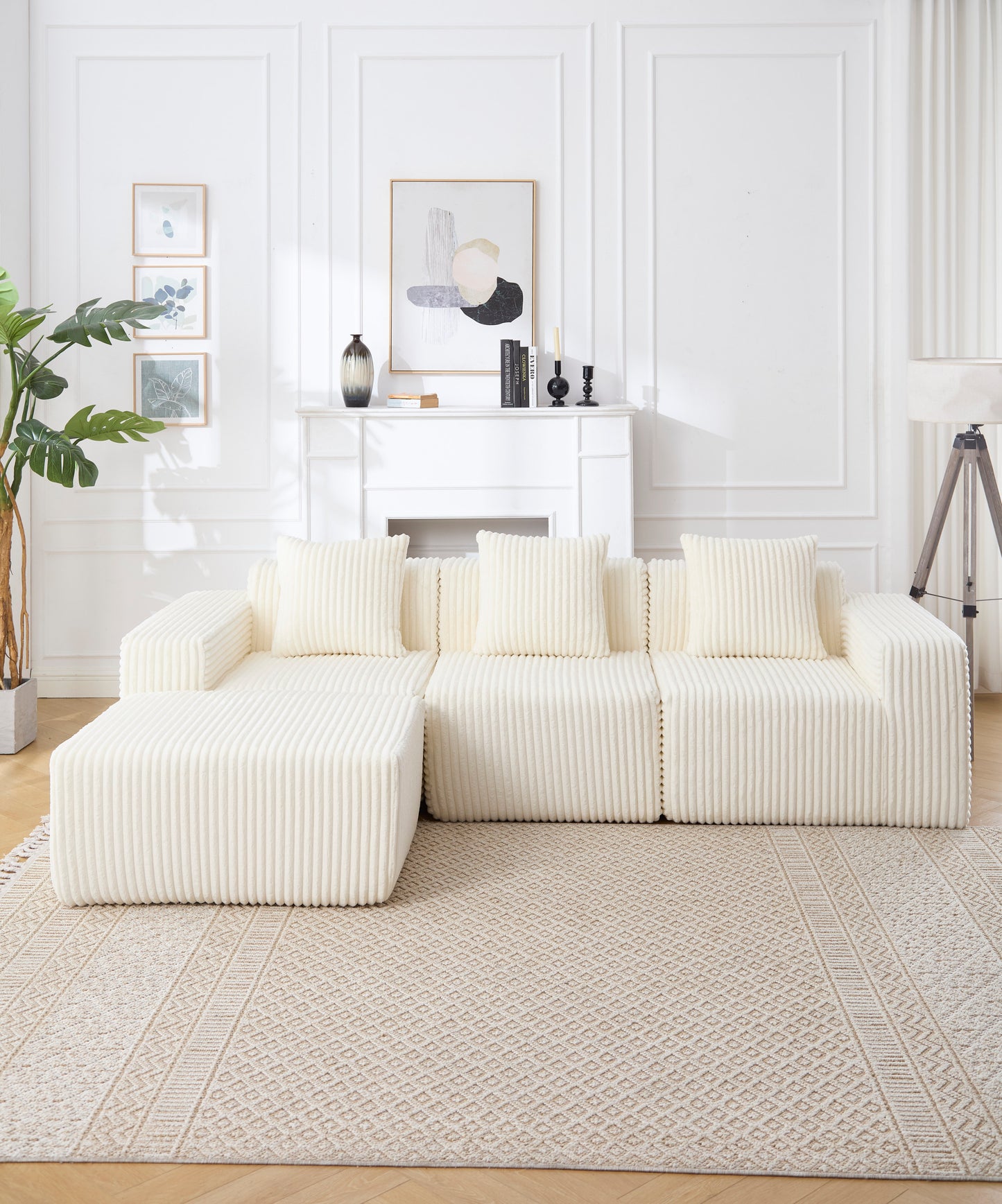 Modern Minimalist Modular Sectional Sofa, L-Shape Upholstered Cloud Couch with Deep Seats, Right Facing Chaise for Living Room-White