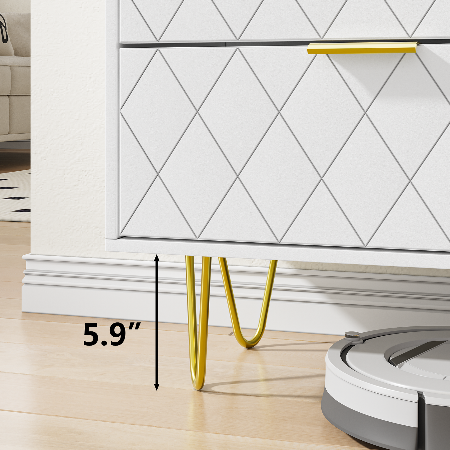 Modern white 6 Drawers for Bedroom, Small Size Wooden drawers with Gold Handles, Chest Dresser with Deep Drawers for living room