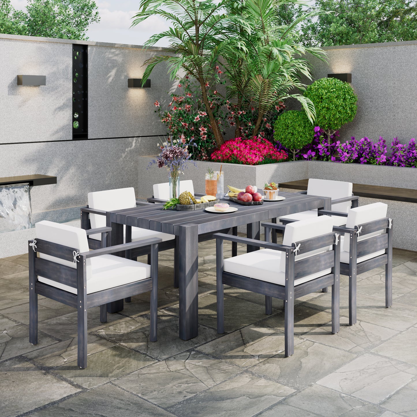TREXM 7-Piece Patio Dining Table Set for 6, Outdoor Furniture Sets with 70.8' Rectangle Table, Patio Table and Chairs Set with Removable Cushions for Backyard, Garden, Poolside (Gray+Beige Fabric)