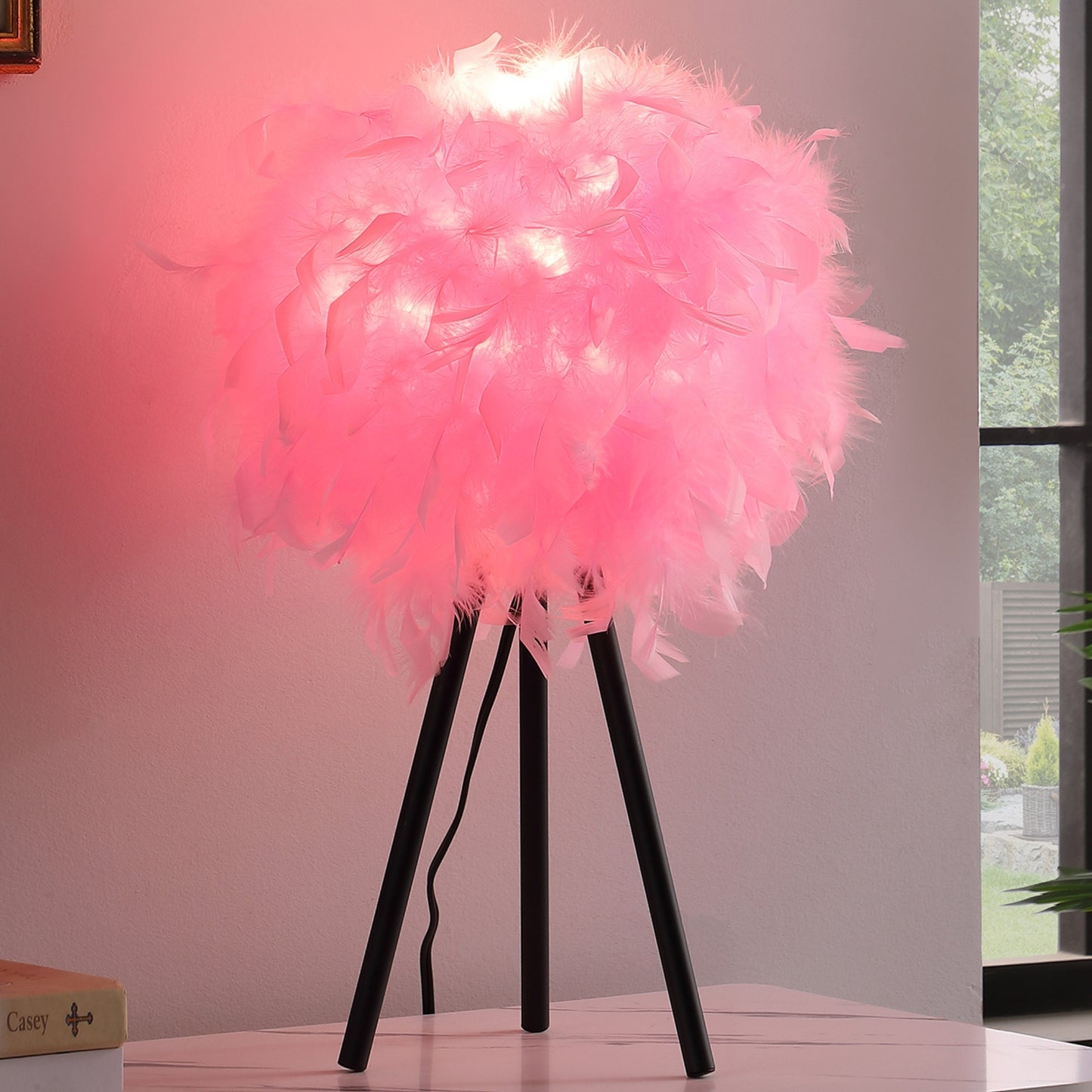 20.5" In Hot Pink Feather Shade Tripod Modern Metal Table Lamp