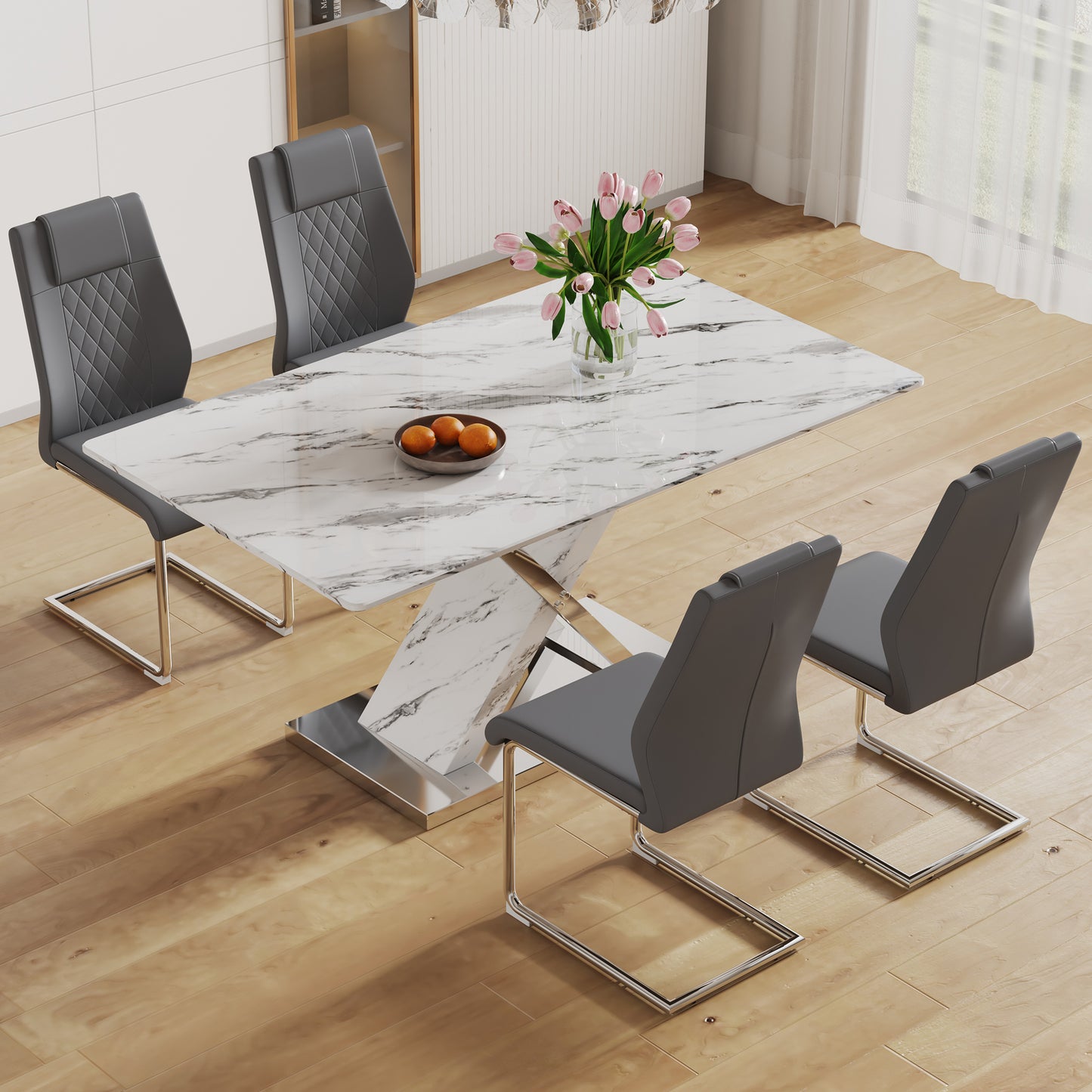 Table and chair set, modern dining table, imitation marble white top and silver legs, soft and comfortable dining chair, perfect for dinner, meetings, home and office decor