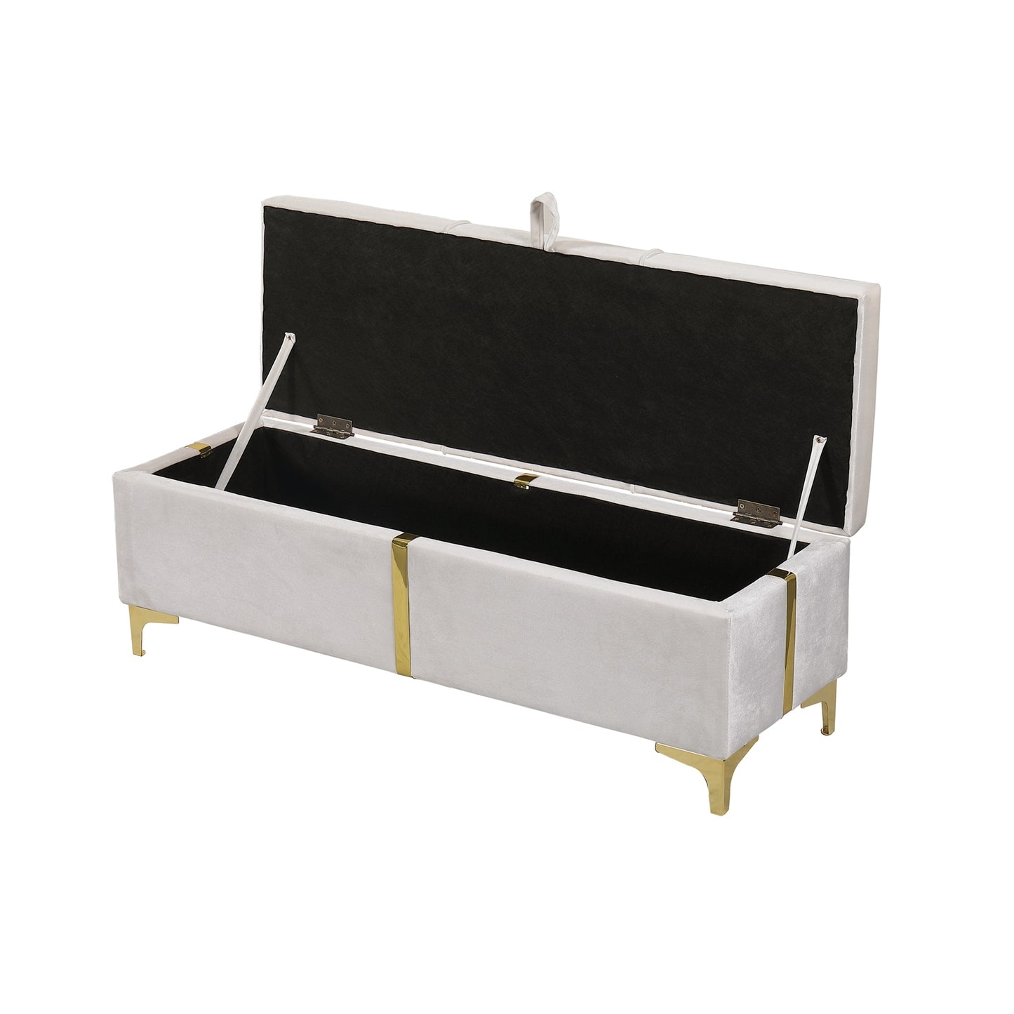 Juego de dormitorio de 2 piezas, cama Queen con plataforma tapizada y sistema de almacenamiento hidráulico, otomana con patas de metal, color beige.
