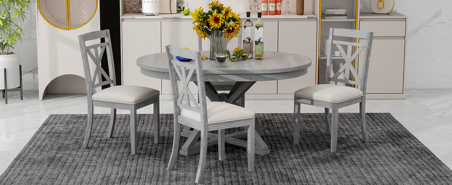 TREXM 5-Piece Retro Functional Dining Table Set Extendable Round Table and 4 Upholstered Chairs for Dining Room and Living Room (Grey)