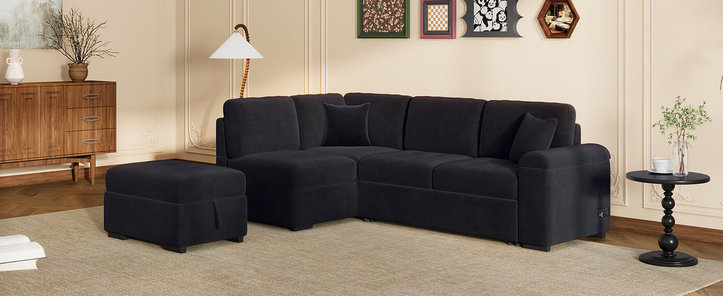 Sleeper Sectional Sofa, L-Shape Corner Couch Sofa-Bed with Storage Ottoman & Hidden Arm Storage & USB Charge for Living Room Apartment, Black