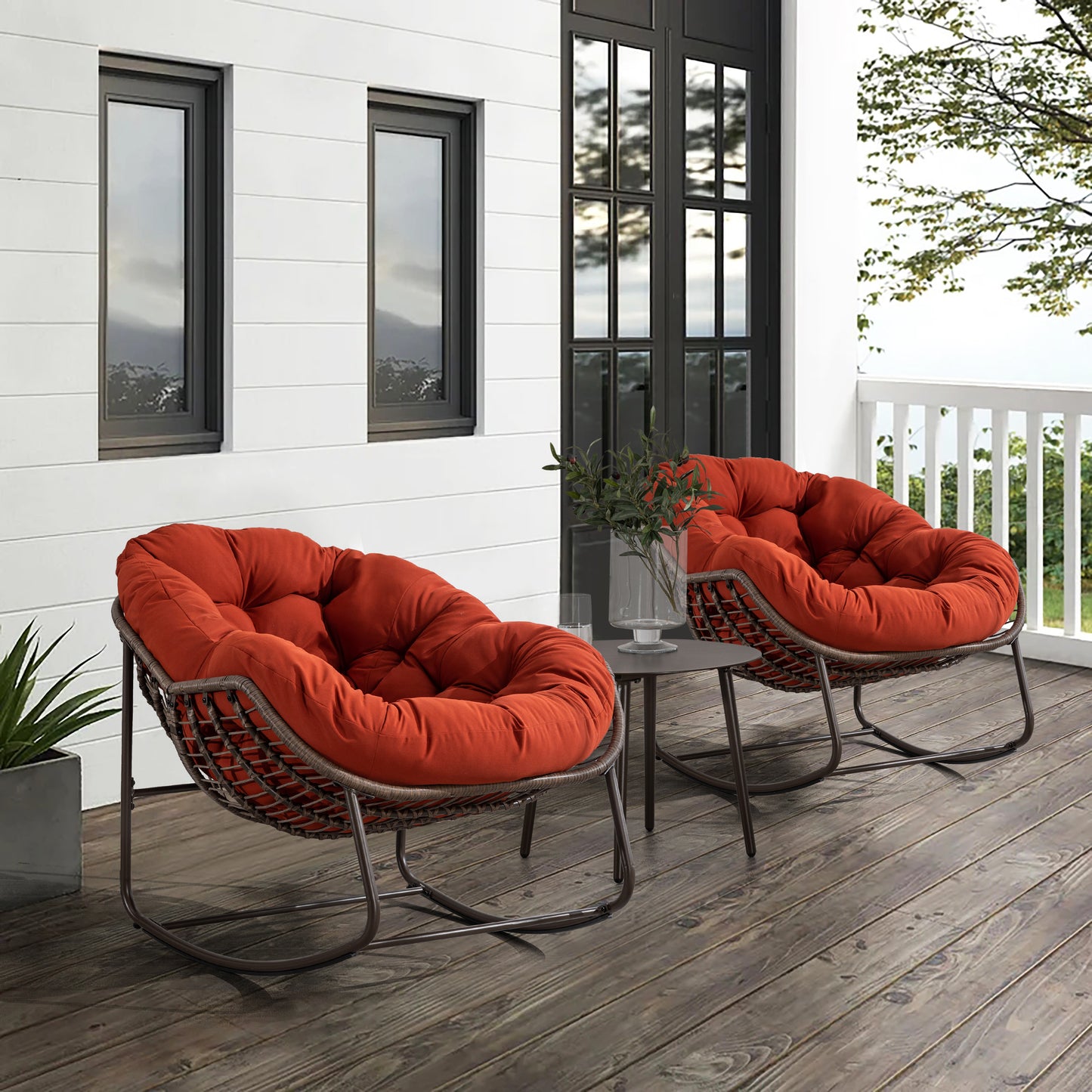 Mecedora de ratán para exterior, con cojín acolchado, reclinable, para porche, sala de estar, patio y jardín, color naranja
