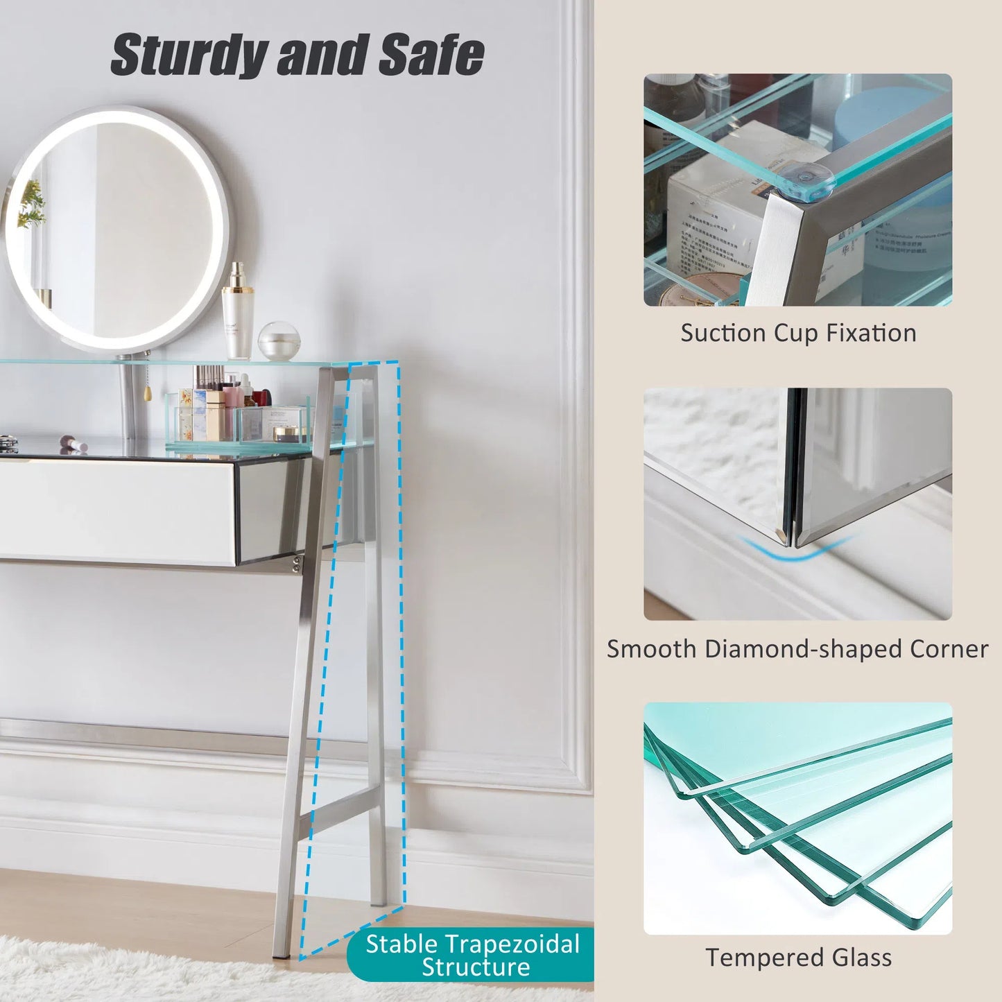 Tocador con espejo de 85 cm, espejo e iluminación, consola con espejo, 2 cajones grandes y estante abierto, tocador con estación de carga para dormitorio, color plateado