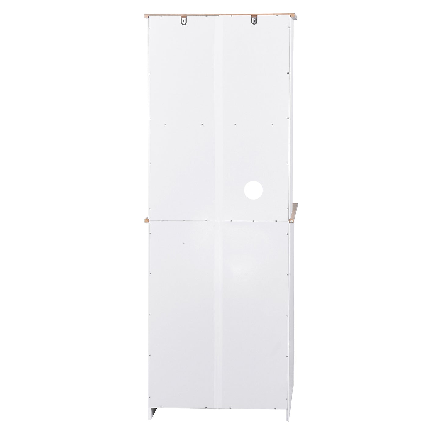Gabinete de cocina de madera blanco para despensa, armario para microondas con puertas de vidrio enmarcadas y cajón.