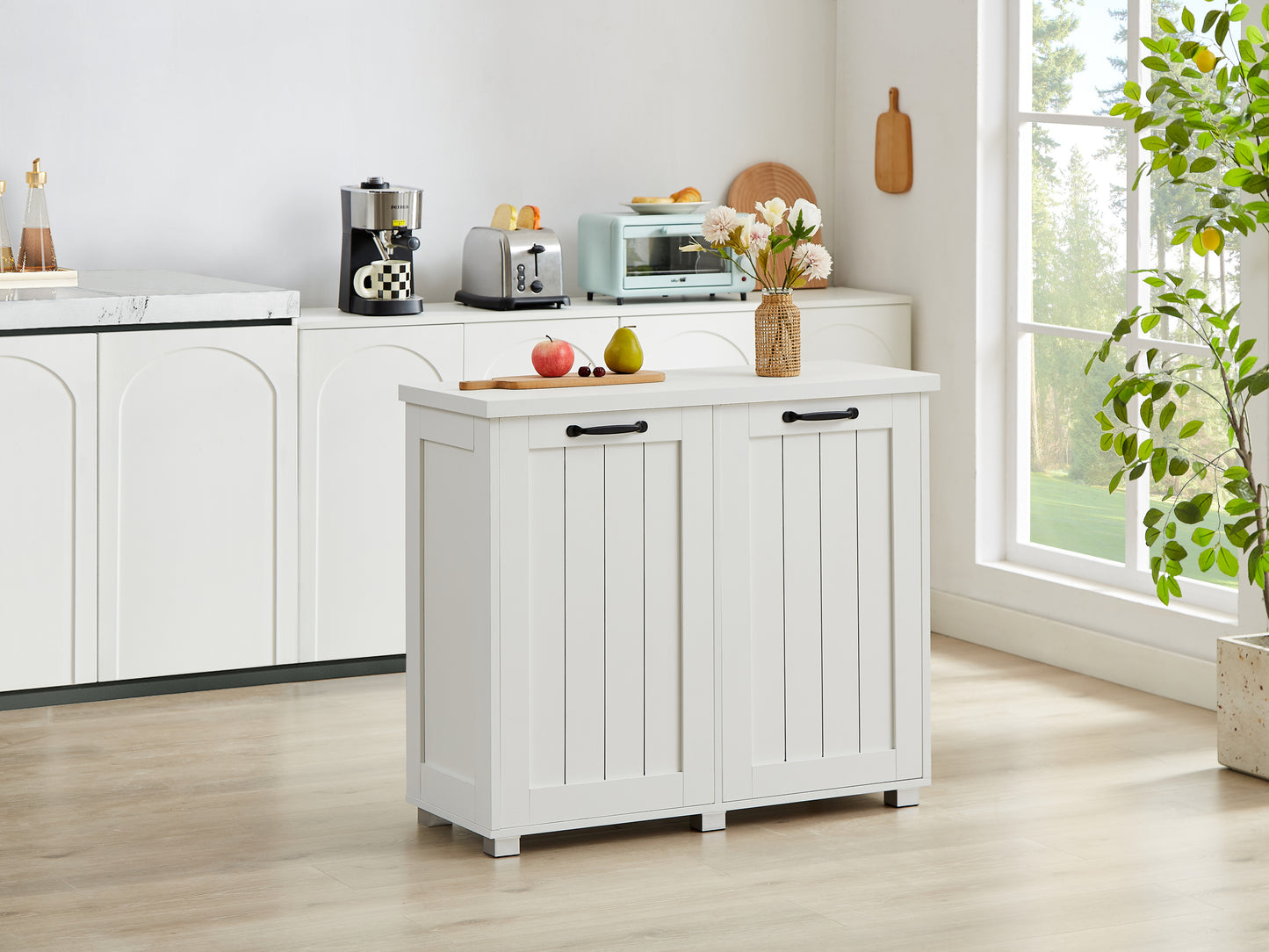 Gabinete de basura abatible de dos compartimentos, gabinete de basura de cocina a prueba de mascotas con tabla de cortar, gabinete clasificador de ropa independiente, cesto para ropa sucia, blanco