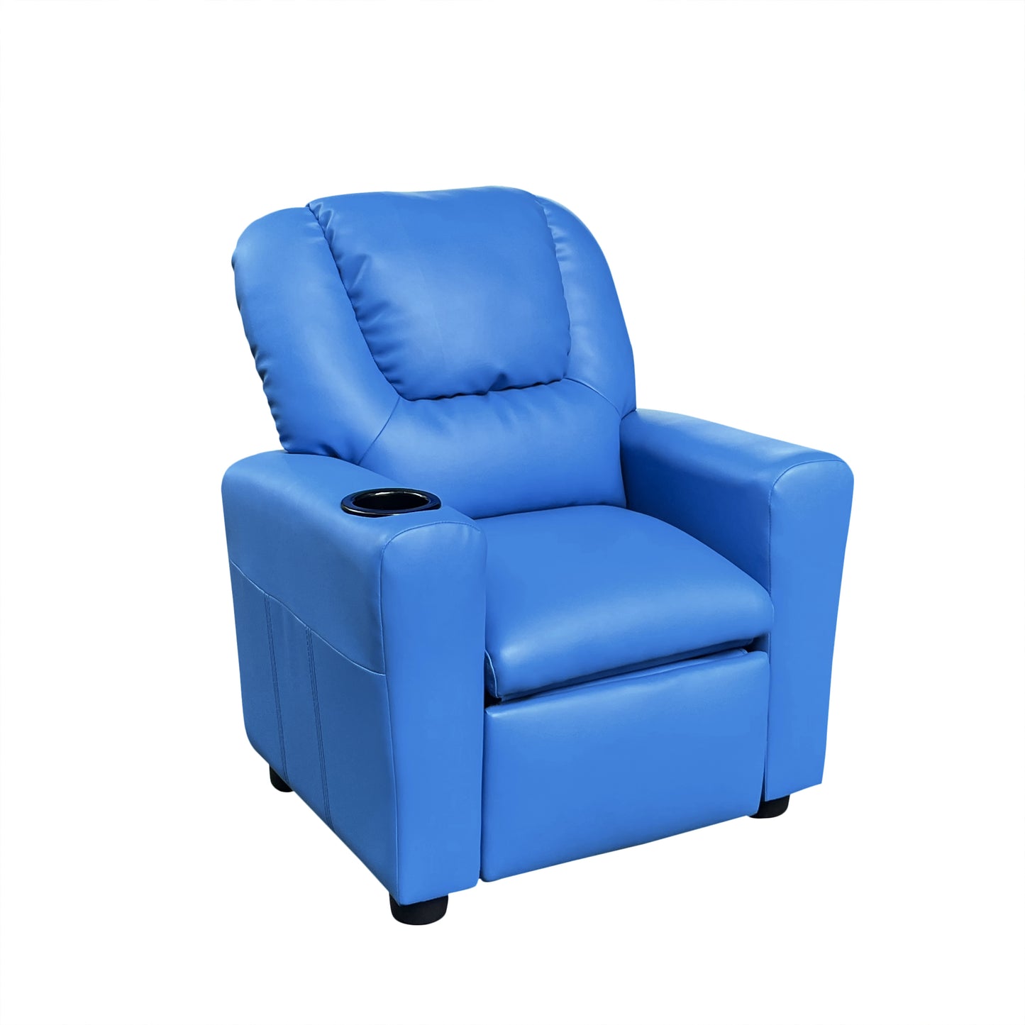 Sillón reclinable infantil Marisa de 22" de piel sintética azul con portavasos