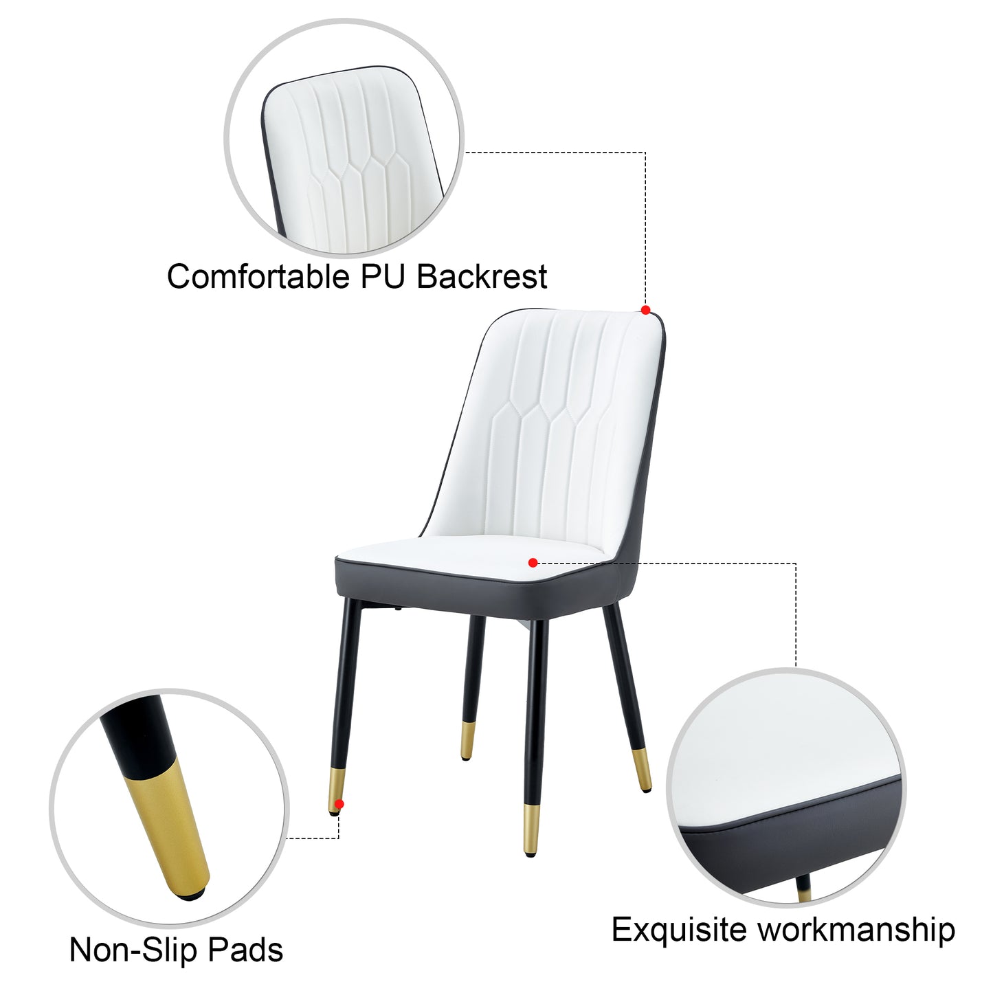 Large modern minimalist rectangular dining table with 0.39 "imitation marble black tabletop and golden metal legs, paired with chairs with PU cushions and black metal legs. F-1538 C-007