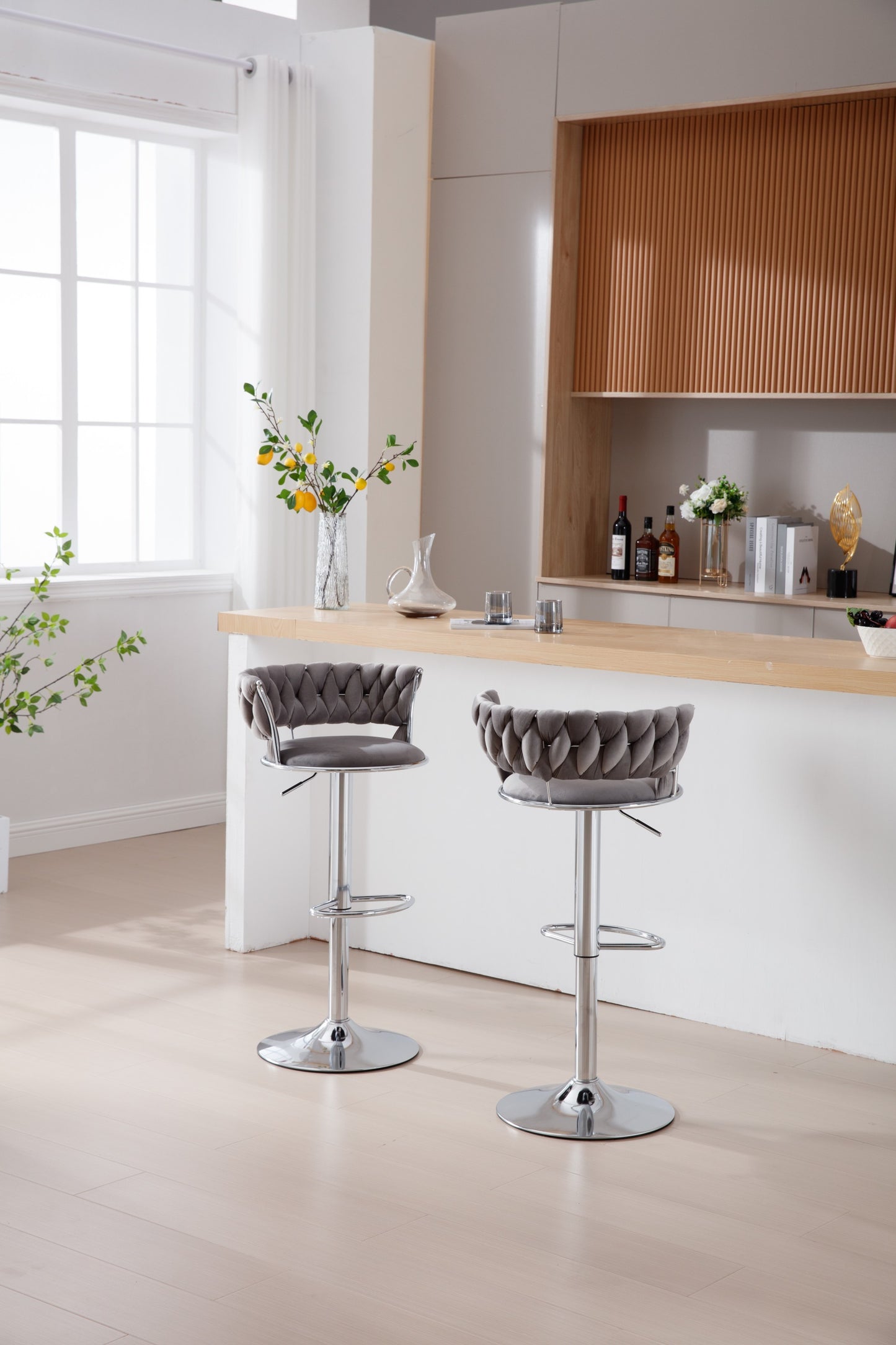 Set of 2 Bar Stools,with Chrome Footrest and Base Swivel Height Adjustable Mechanical Lifting Velvet + Bar Stool-GREY