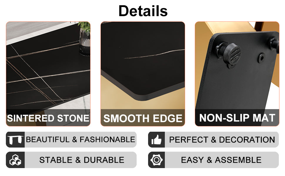 Table and chair set,Modern rectangular table with 0.4 inch black patterned tabletop and gold legs, suitable for kitchen, dining room, and living room , Comfortable PU seats,perfect for dinner, meet