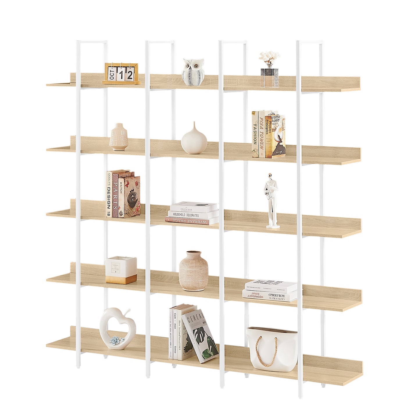 Librería de 5 niveles para oficina en casa, estilo industrial vintage, tablero de MDF, estructura de metal blanco, roble