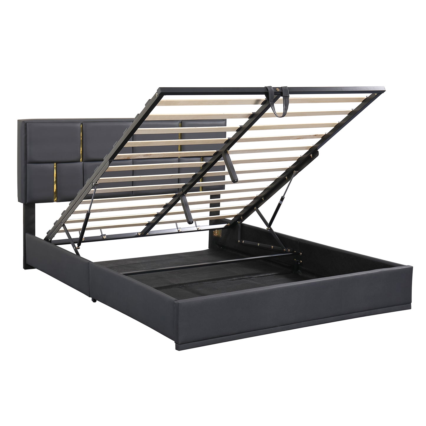 Juego de dormitorio de 2 piezas, cama Queen con plataforma tapizada y sistema de almacenamiento hidráulico, otomana con patas de metal, color negro