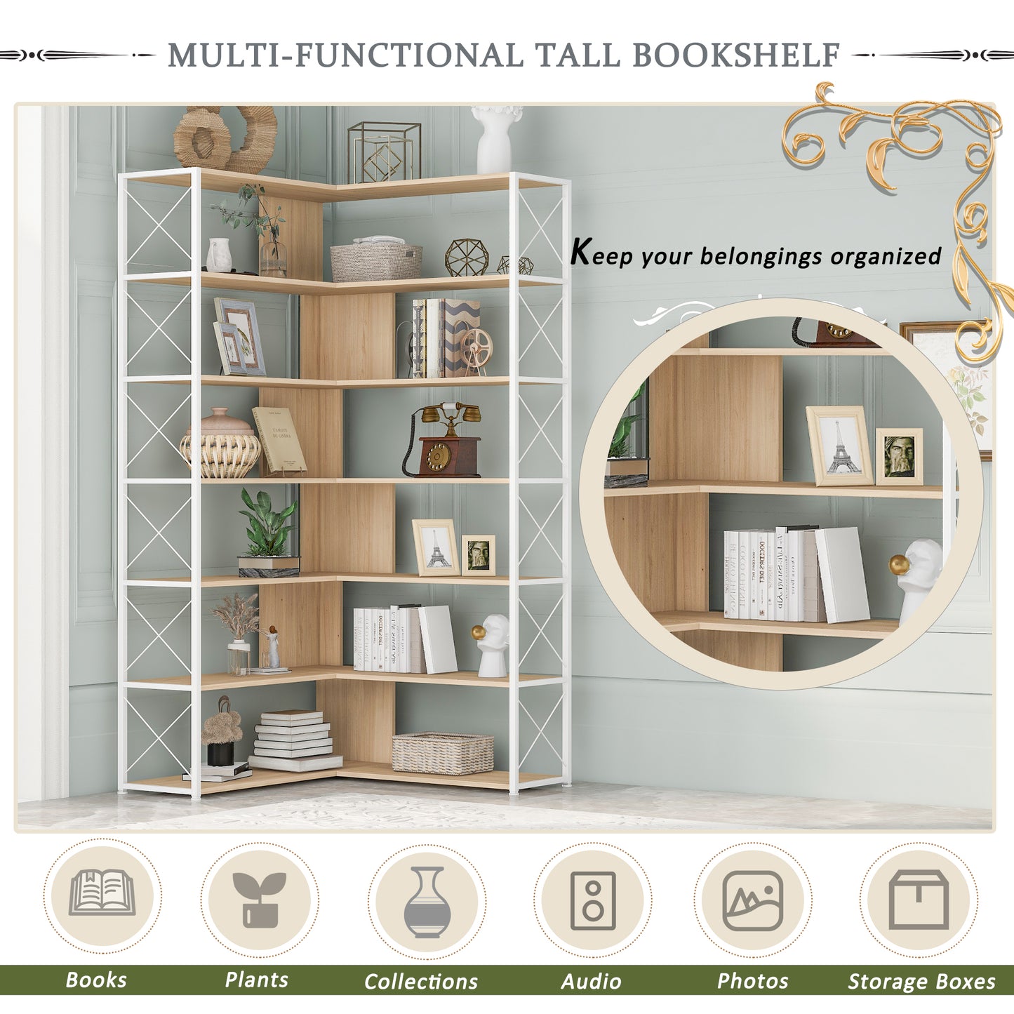 7-Tier Bookcase Home Office Bookshelf, L-Shaped Corner Bookcase with Metal Frame, Industrial Style Shelf with Open Storage, MDF Board