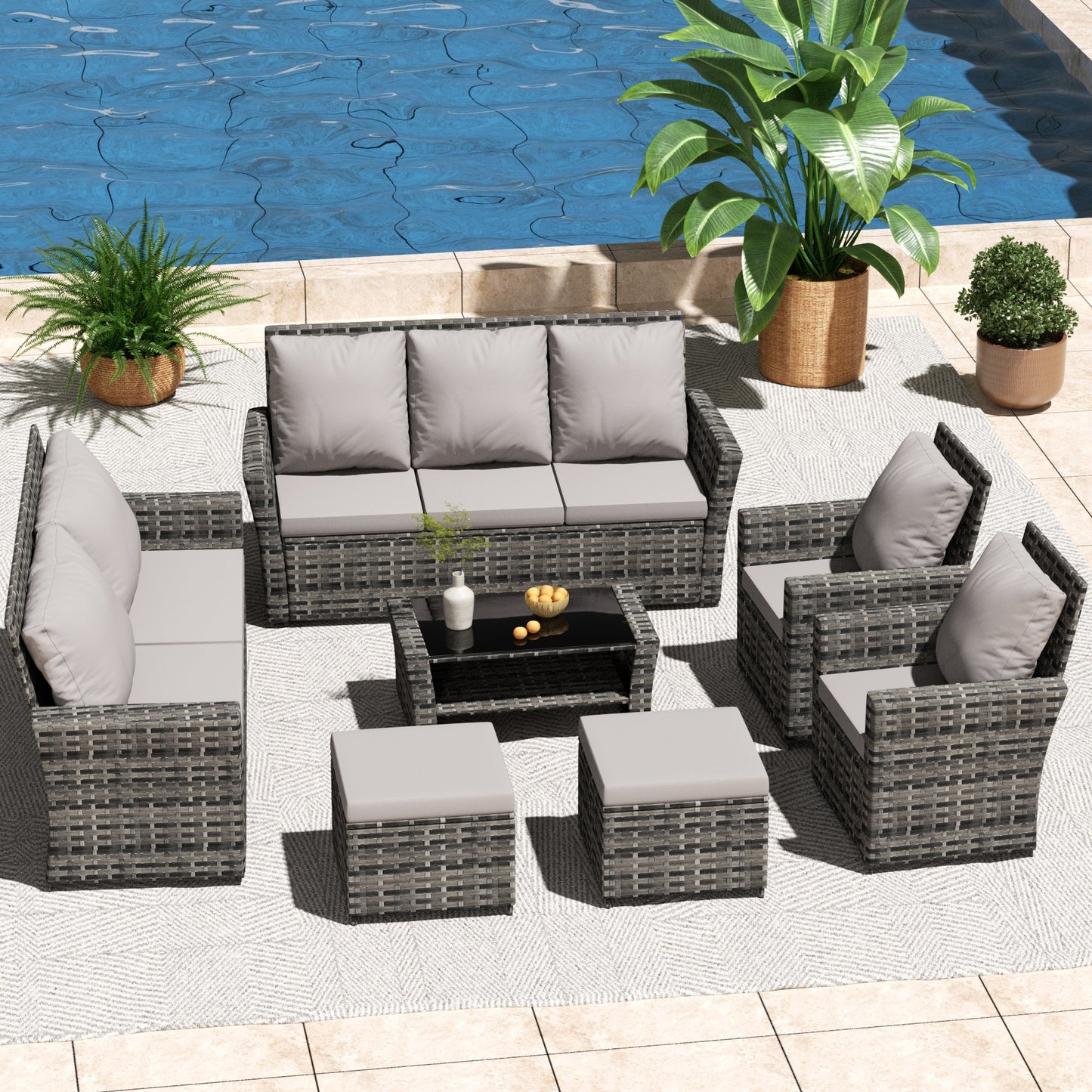 7 PCS PE/RATTAN OUTDOOR FURNITURE SET PATIO FURNITURE SET 9 SEATER