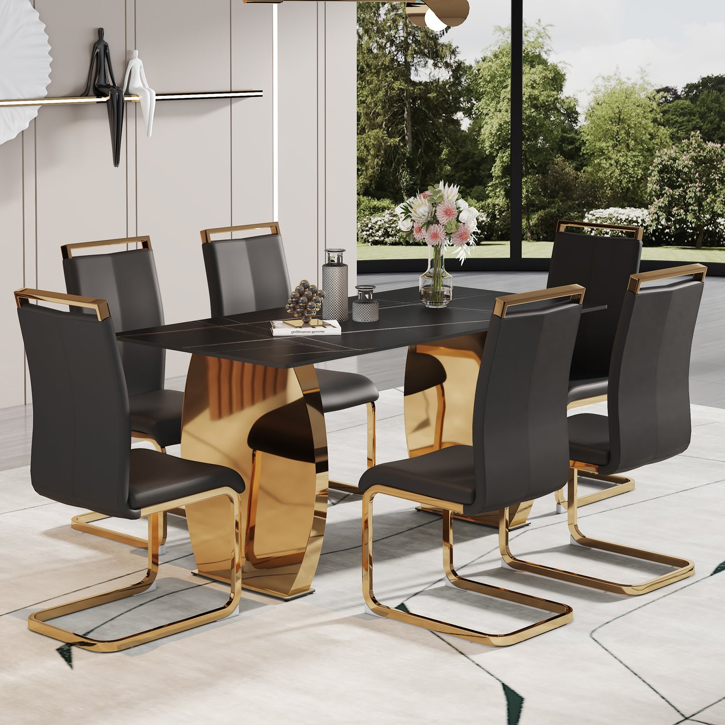 Table and chair set,Modern rectangular table with 0.4 inch black patterned tabletop and gold legs, suitable for kitchen, dining room, and living room , Comfortable PU seats,perfect for dinner, meet