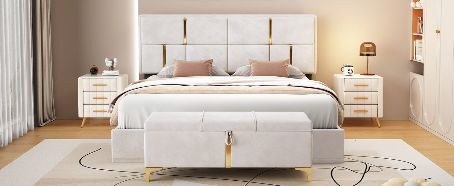 Juego de dormitorio de 2 piezas, cama Queen con plataforma tapizada y sistema de almacenamiento hidráulico, otomana con patas de metal, color beige.