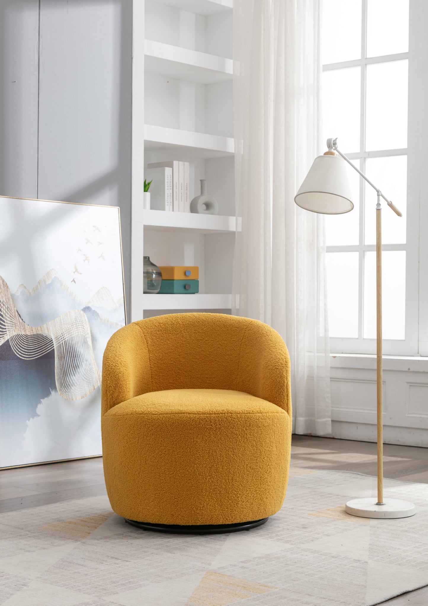 Sillón giratorio de tela Teddy con acento tipo barril y aro metálico con recubrimiento en polvo negro, amarillo