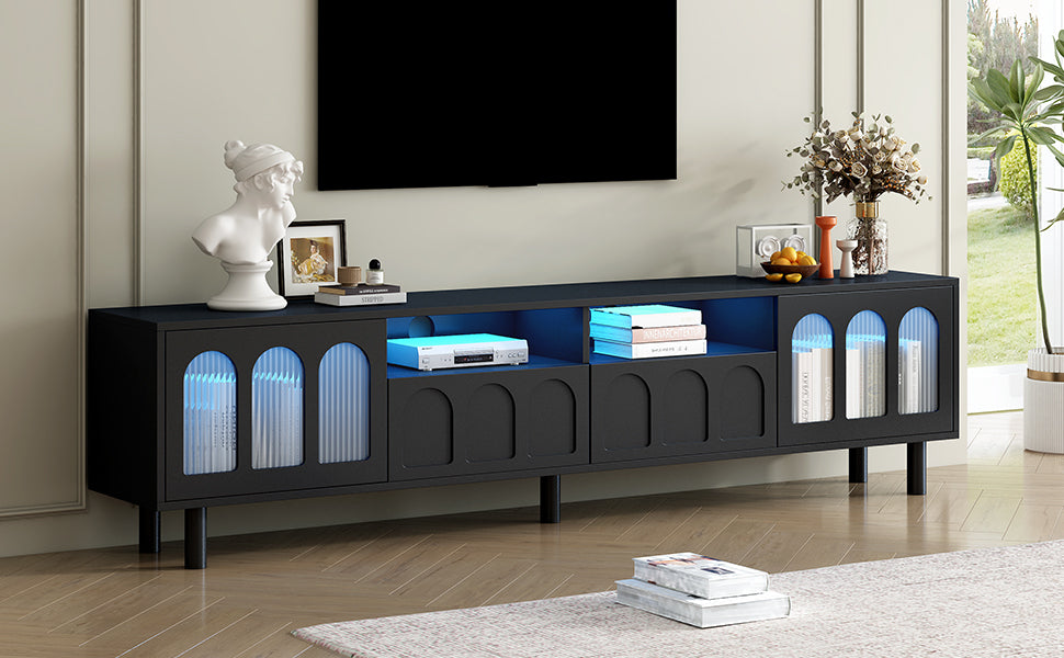 ON-TREND Cream Style TV Stand with LED Light Strip for TVs Up to 80'', Graceful Entertainment Center with 5 Solid Wood Legs, Large Storage Media Console with Fluted Tempered Glass Doors, Black