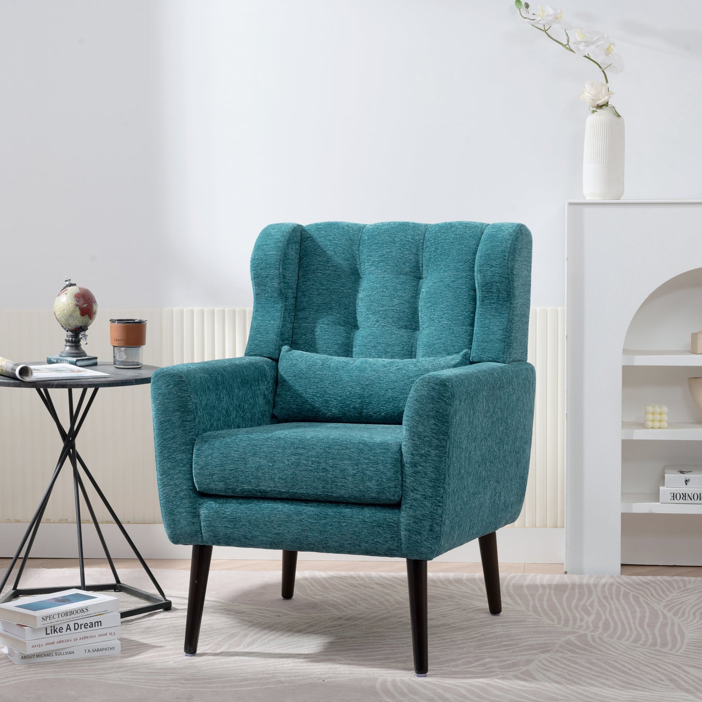Sillón moderno con acento tapizado y relleno de espuma para sala de estar, cómodo sillón de lectura, moderno de mediados de siglo con tela de chenilla, sillón para sala de estar y dormitorio (verde azulado).