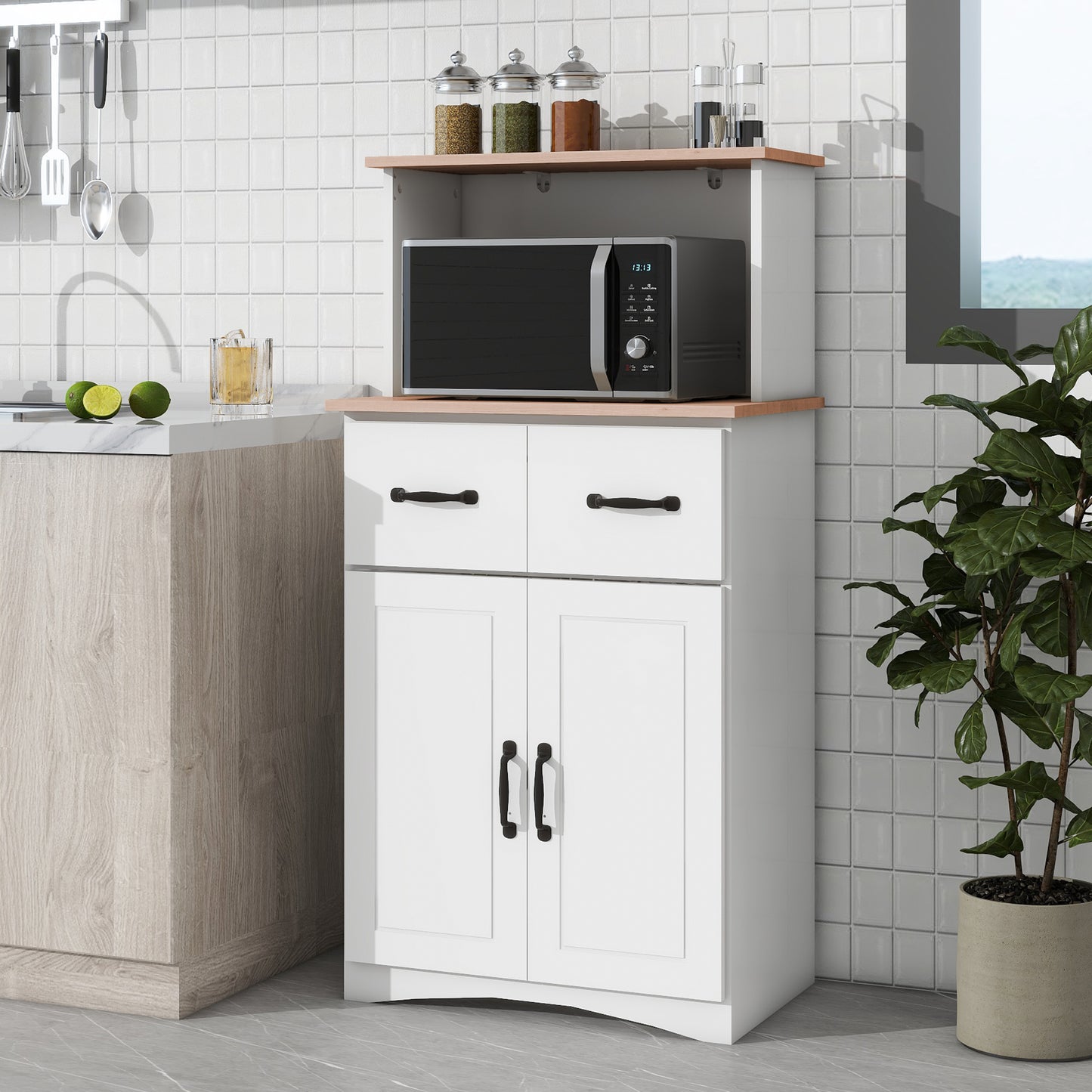Gabinete de cocina de madera blanco, despensa, armario para microondas con cajón de almacenamiento