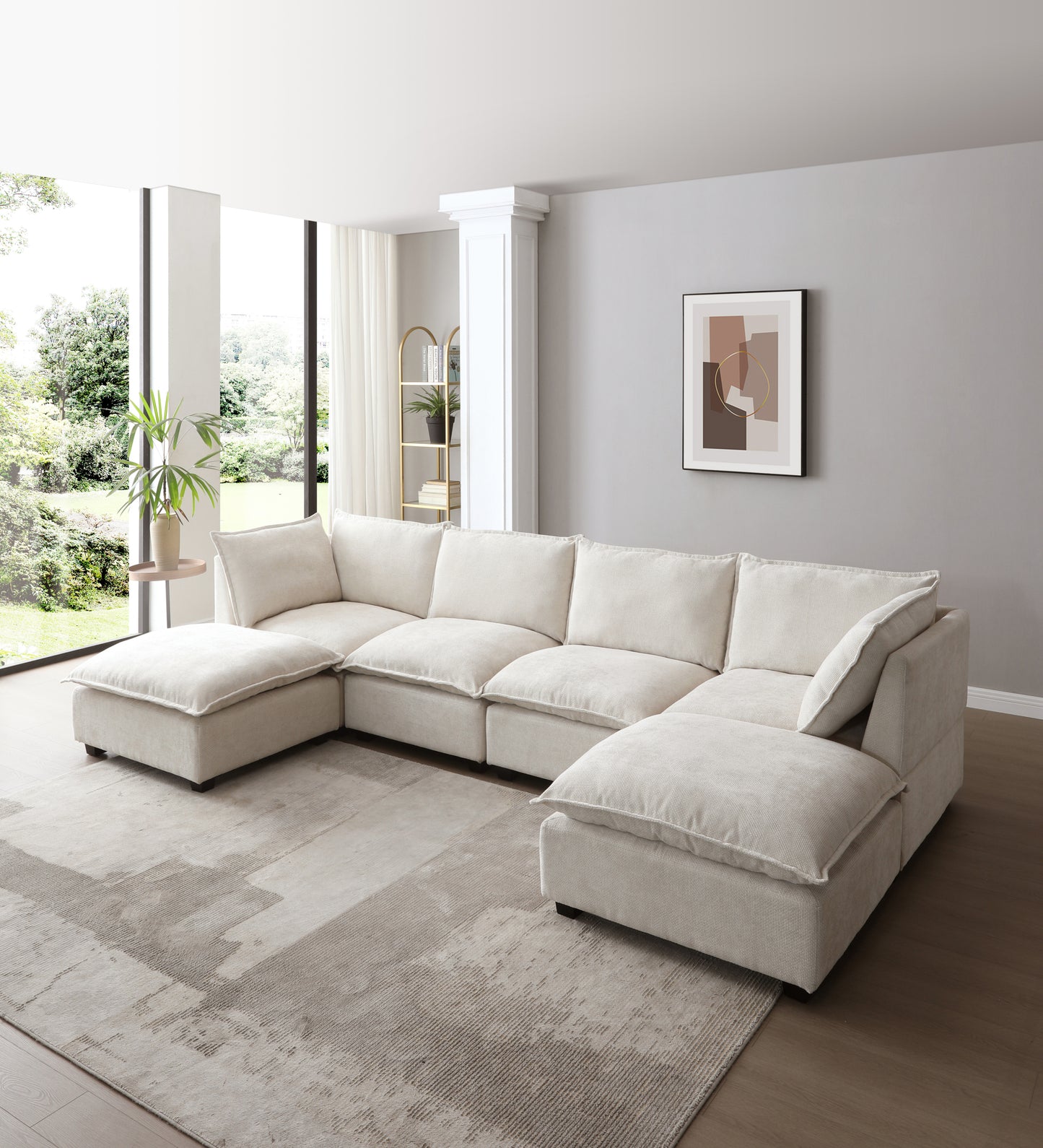 Sofá modular seccional de 130 pulgadas, juego de sofá de tela de lino con otomana convertible, sofá en forma de U, cómodo y combinable para sala de estar, apartamento y oficina. Beige, 3 colores.