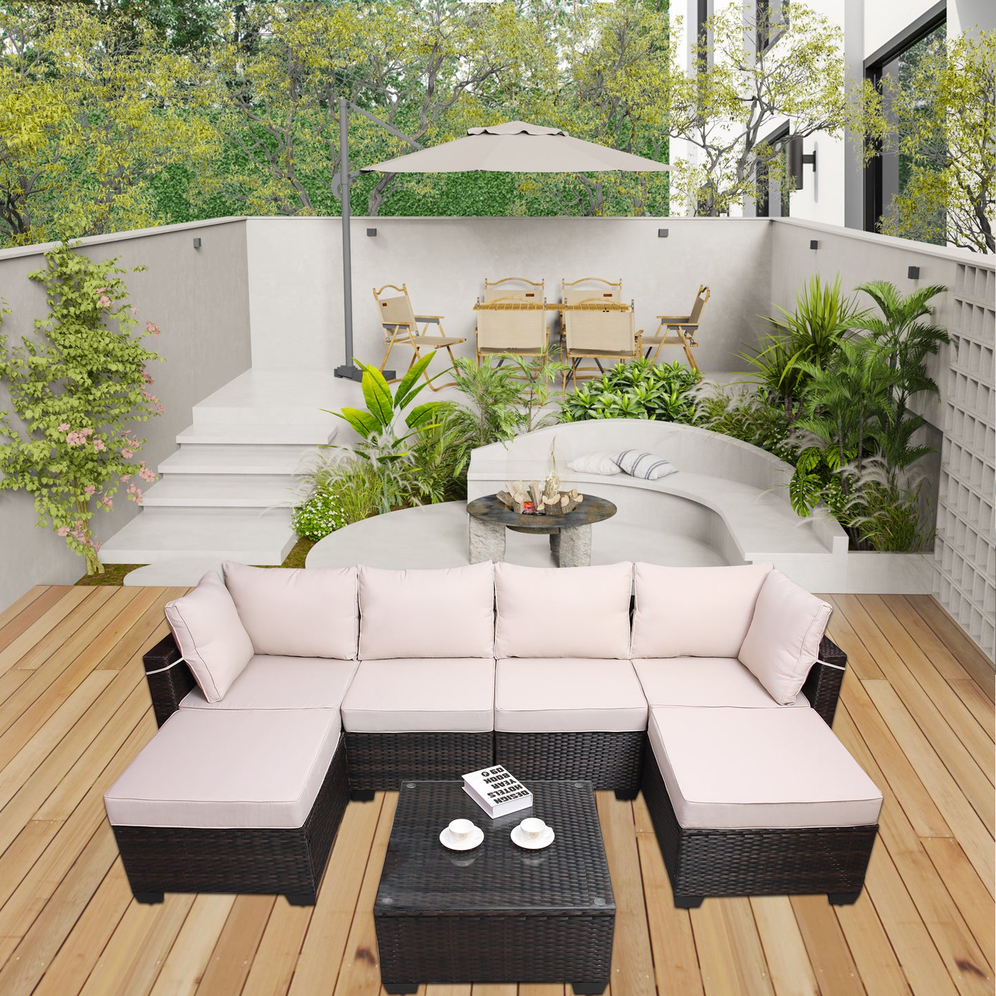 7pc Brown & Beige Patio Set – Outdoor Rattan Sectional w/ Glass Table