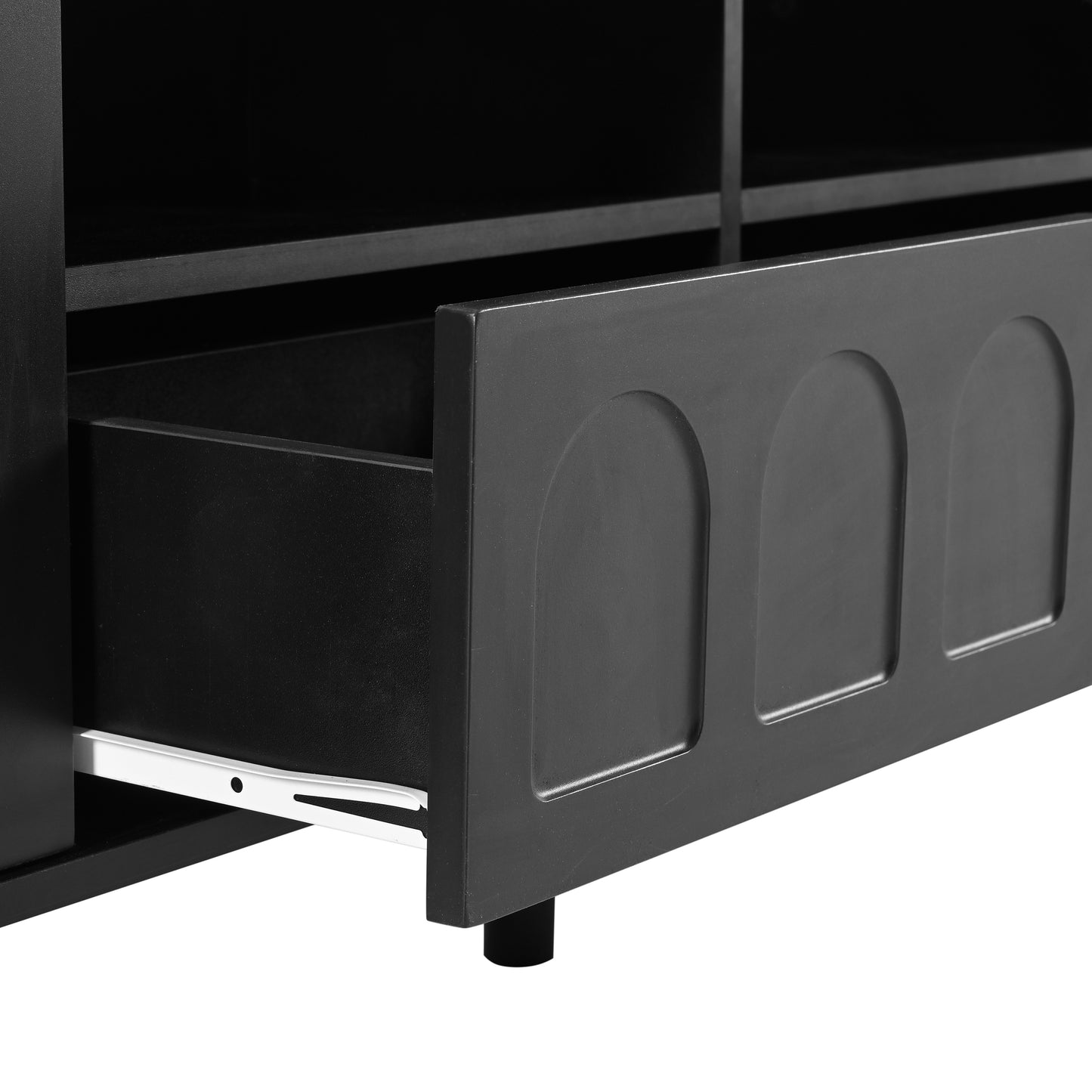 ON-TREND Cream Style TV Stand with LED Light Strip for TVs Up to 80'', Graceful Entertainment Center with 5 Solid Wood Legs, Large Storage Media Console with Fluted Tempered Glass Doors, Black