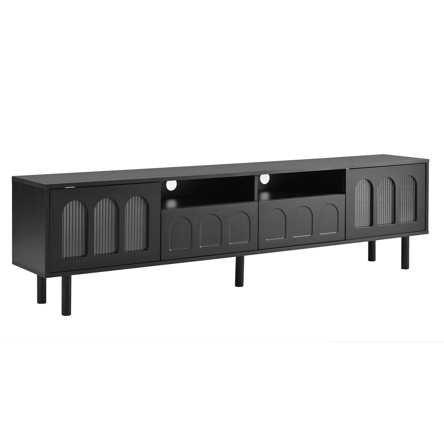 ON-TREND Cream Style TV Stand with LED Light Strip for TVs Up to 80'', Graceful Entertainment Center with 5 Solid Wood Legs, Large Storage Media Console with Fluted Tempered Glass Doors, Black