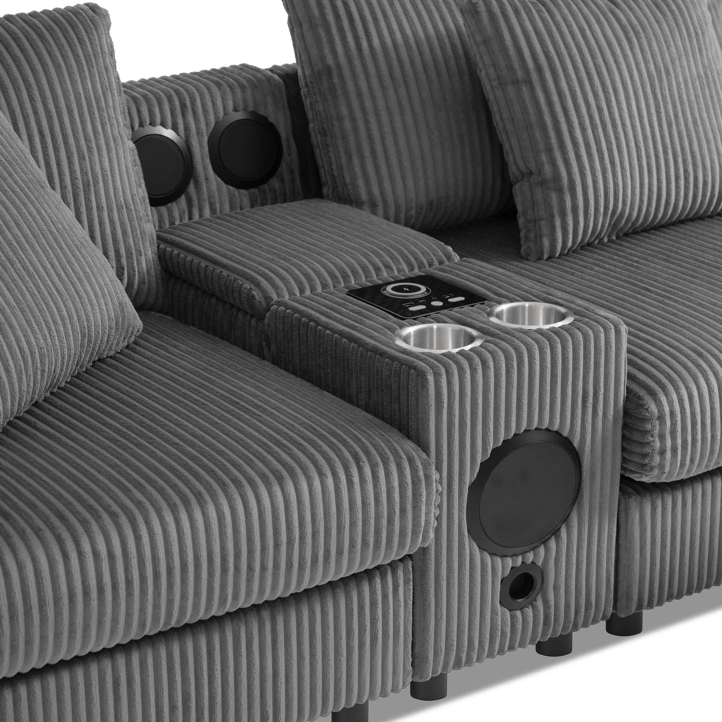 114*64'' Corduroy Sectional Sofa with Bluetooth Speakers,L Shaped Couch with Console,USB Charger,Cup Holders,Storage,Ottoman,Deep and Wide Seat Cloud Sofa for Living Room,Apartment,2 Colors