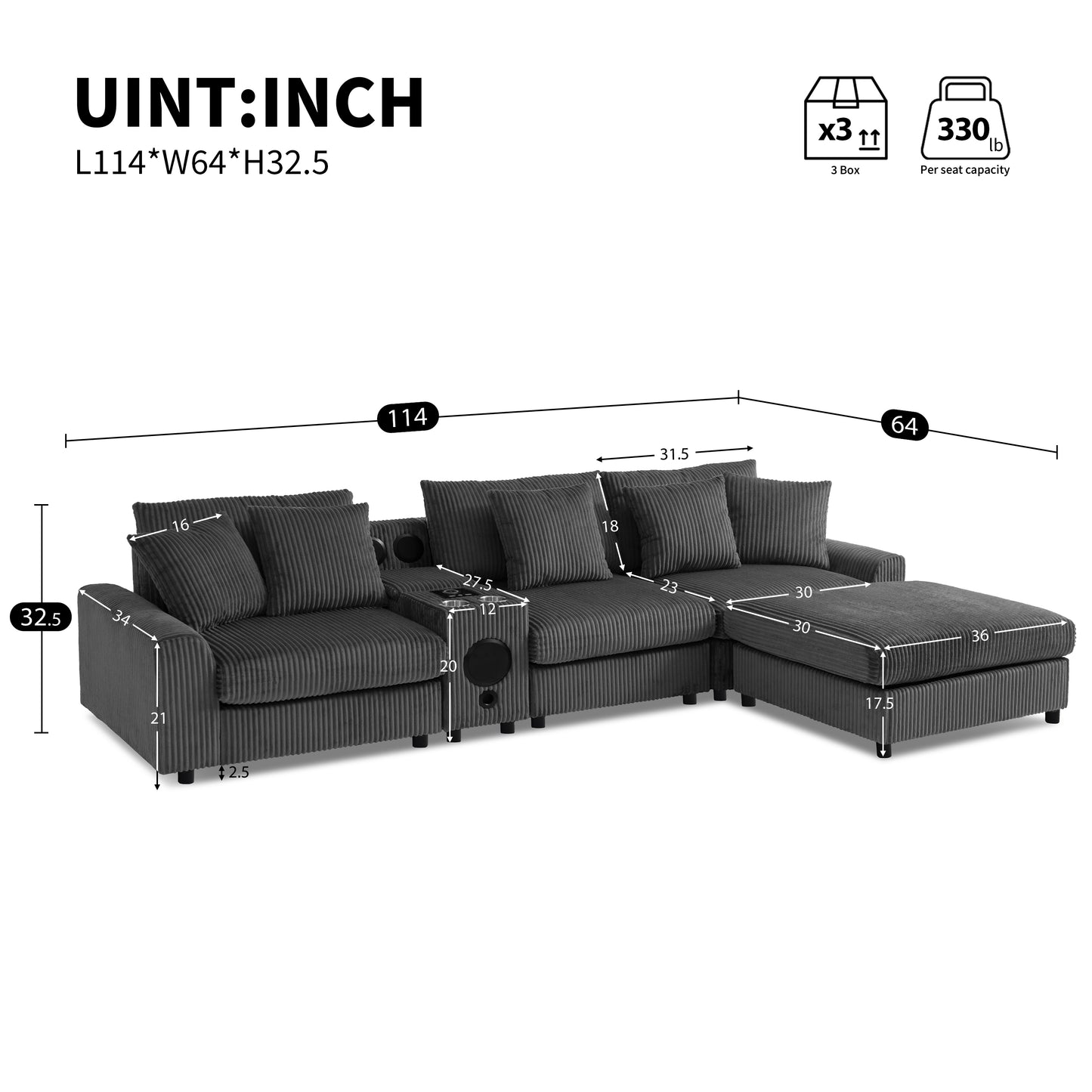 114*64'' Corduroy Sectional Sofa with Bluetooth Speakers,L Shaped Couch with Console,USB Charger,Cup Holders,Storage,Ottoman,Deep and Wide Seat Cloud Sofa for Living Room,Apartment,2 Colors