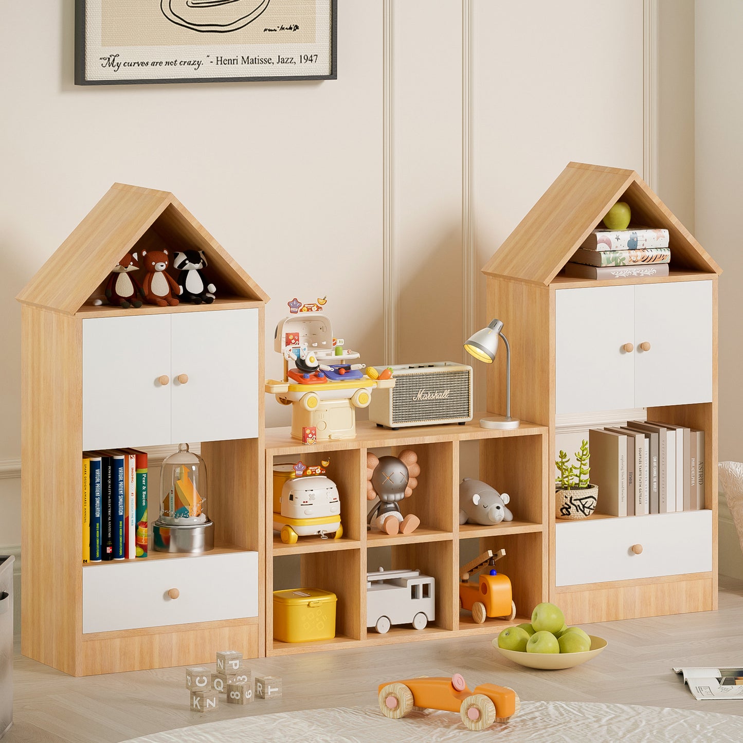Estantería infantil versátil con diseño en forma de casa, almacenamiento multifuncional para libros y juguetes, ubicación ajustable, organizador infantil duradero para sala de juegos o dormitorio, fácil de montar y seguro para niños.